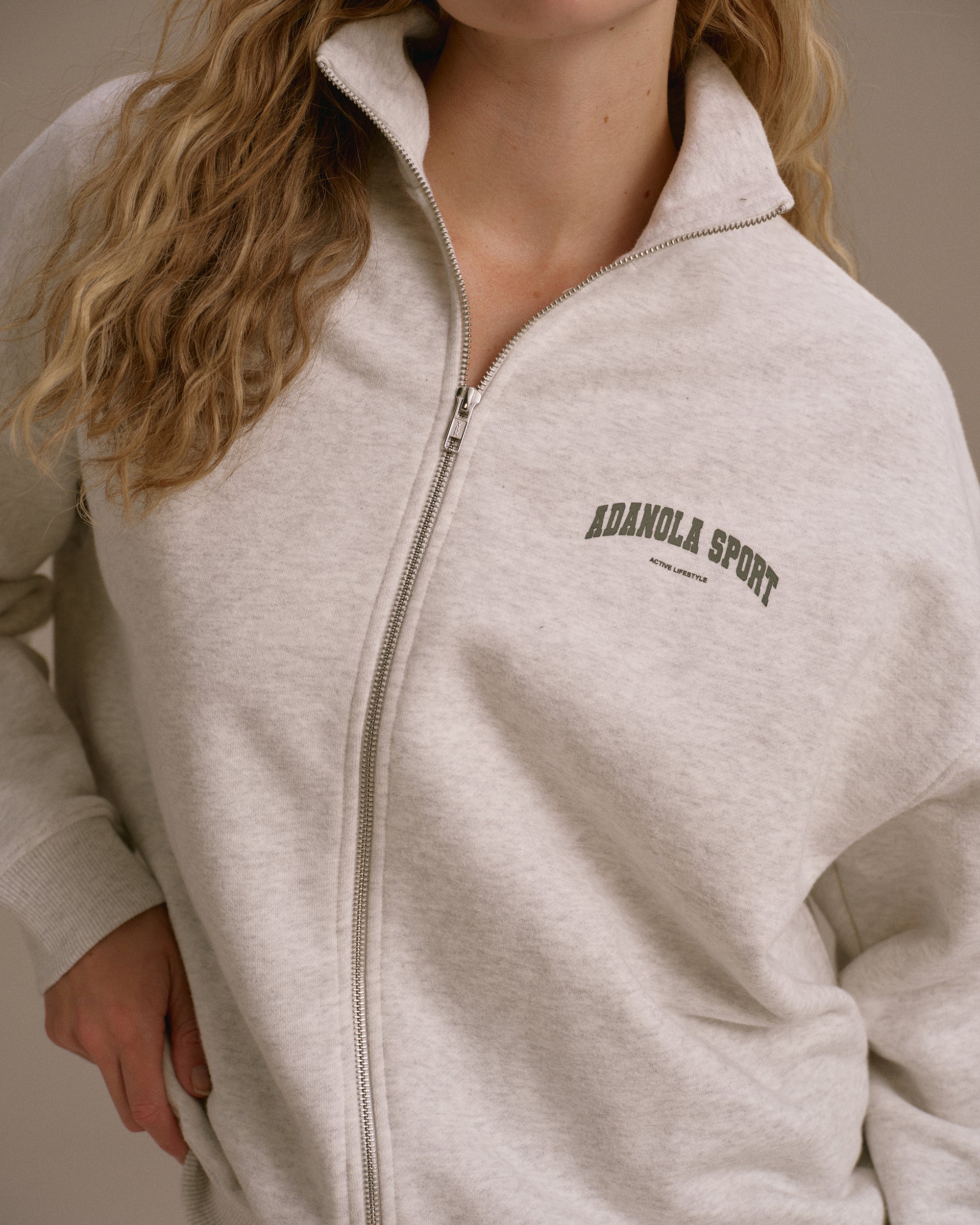 AS Oversized Full Zip Funnel Neck Sweatshirt - Light Grey Melange/Dark Olive - Image 3