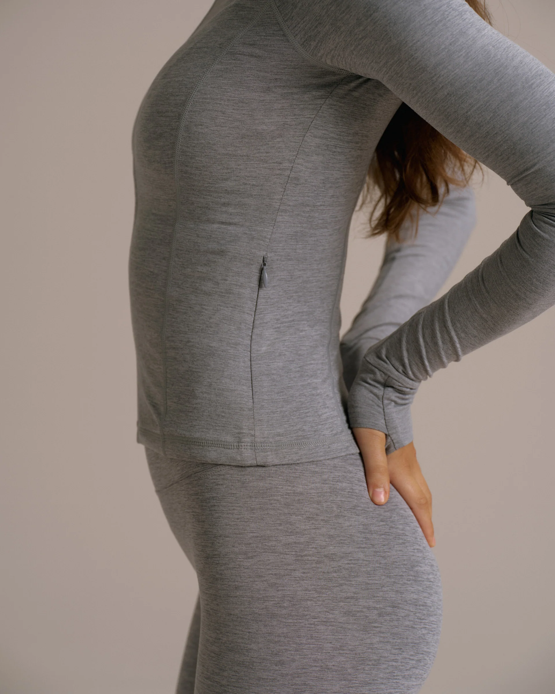 Brushed Long Sleeve Zip Up Top - Dark Grey Melange - Image 4