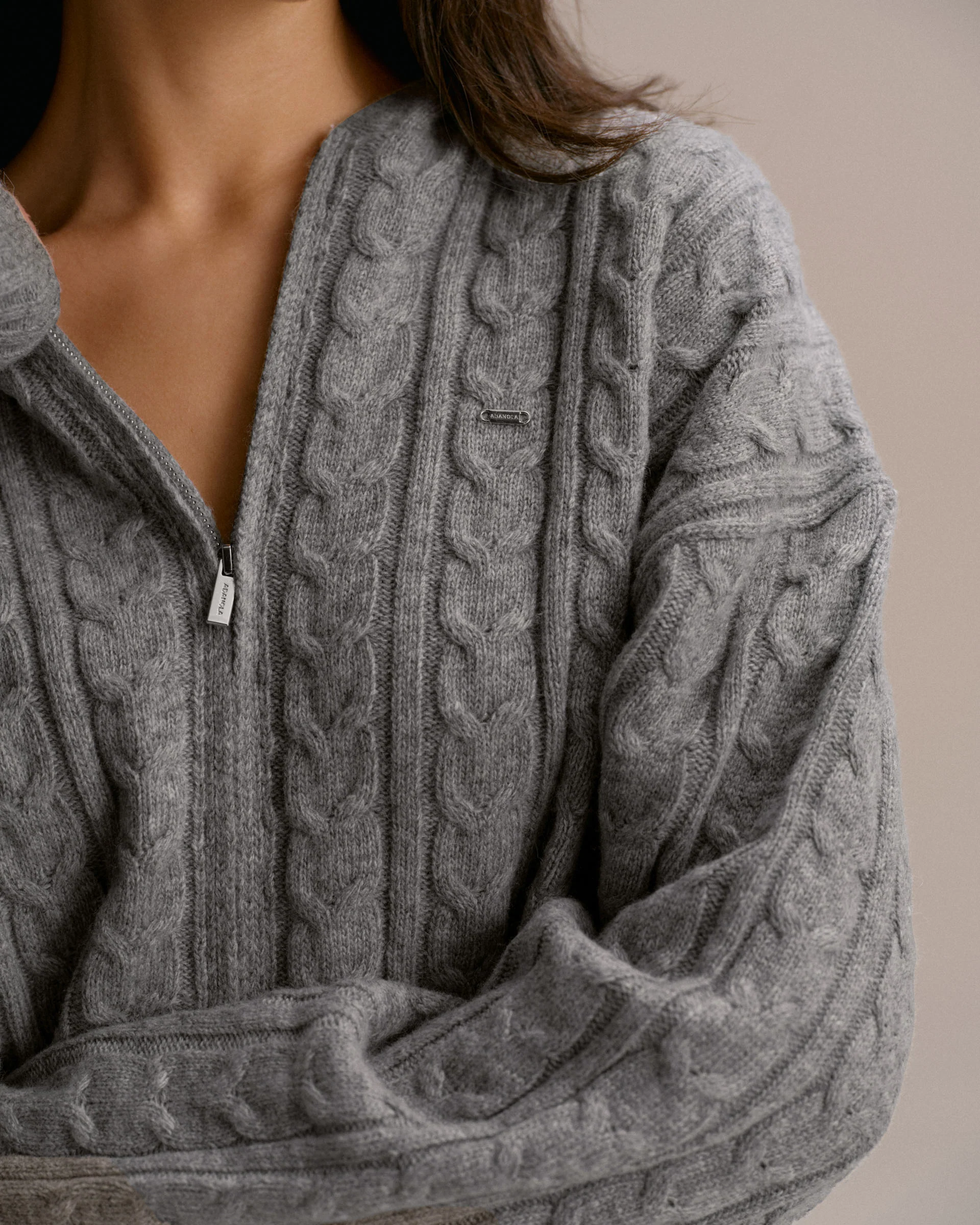 Cable Knit Zip Hoodie - Dark Grey Melange - Image 3