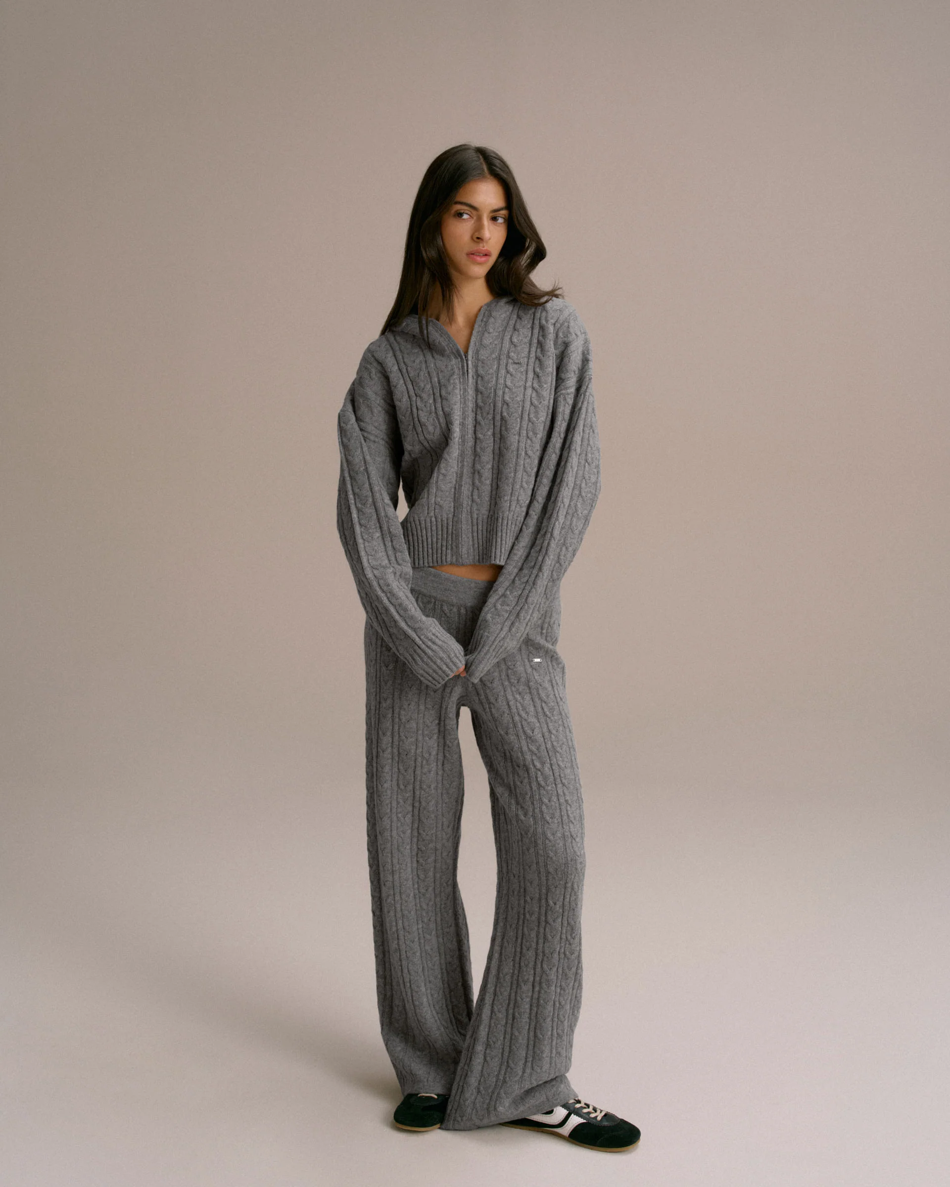 Cable Knit Zip Hoodie - Dark Grey Melange - Image 4