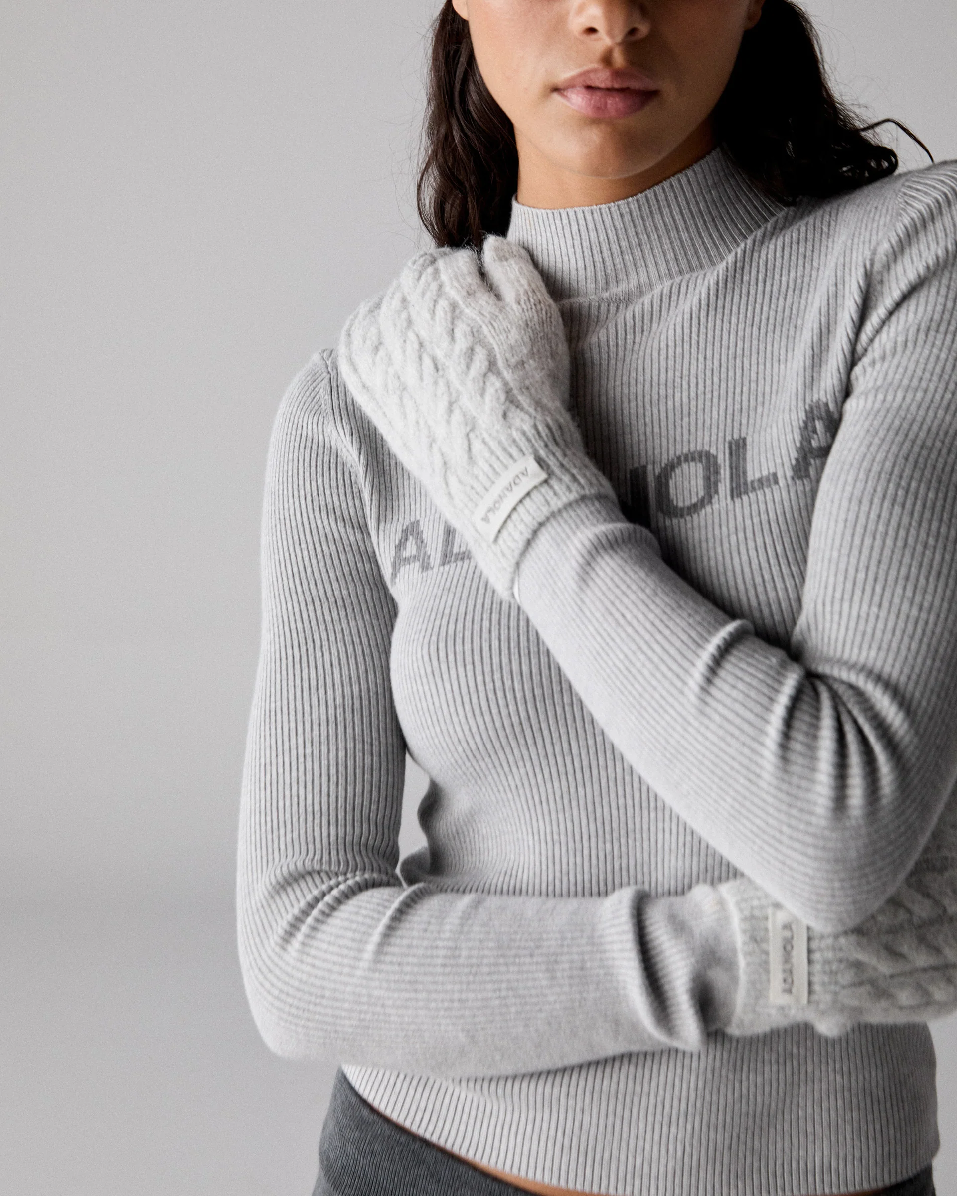 Cable Knit Mittens - Light Grey Melange - Image 3