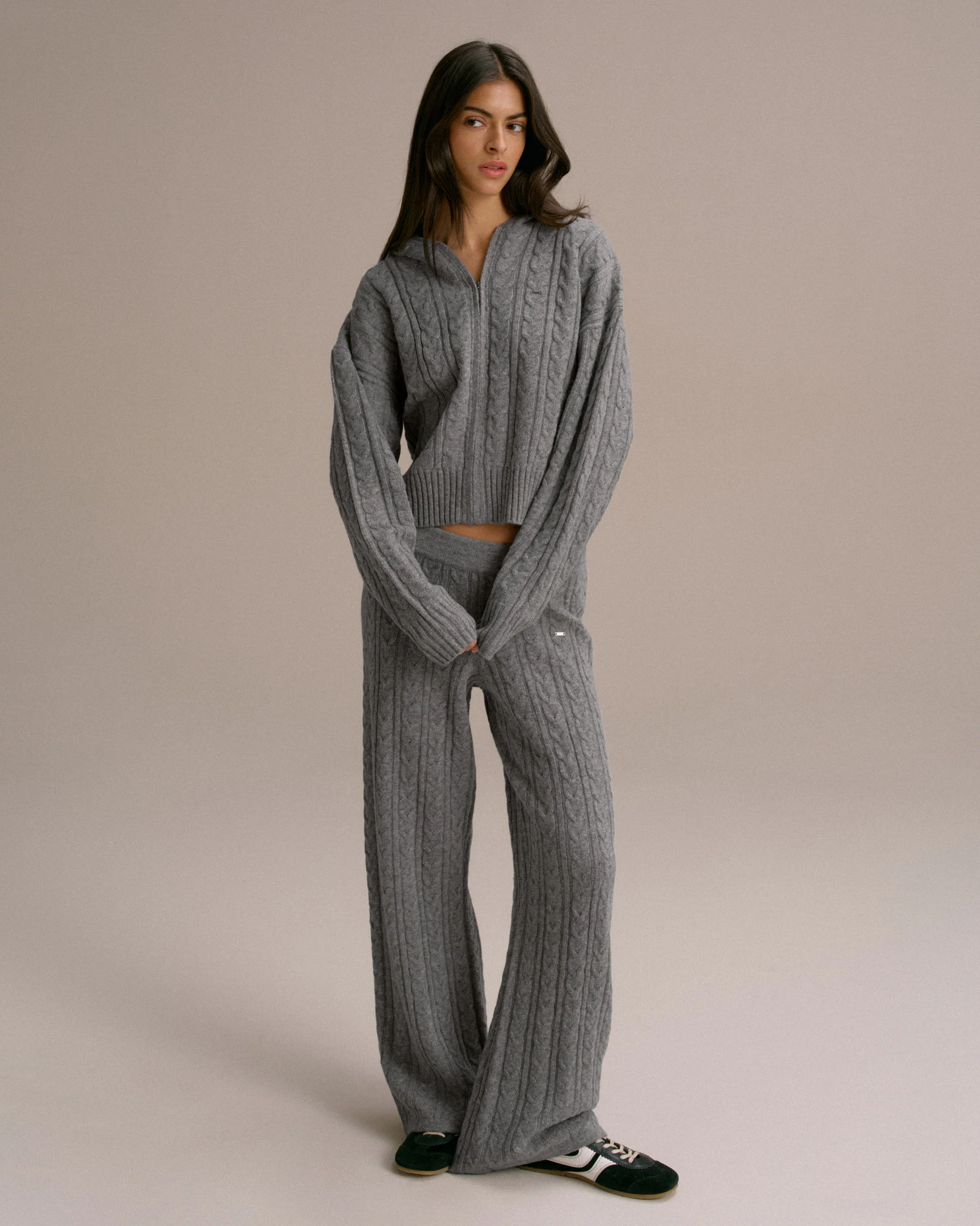 Cable Knit Straight Leg Trousers - Dark Grey Melange - Image 4