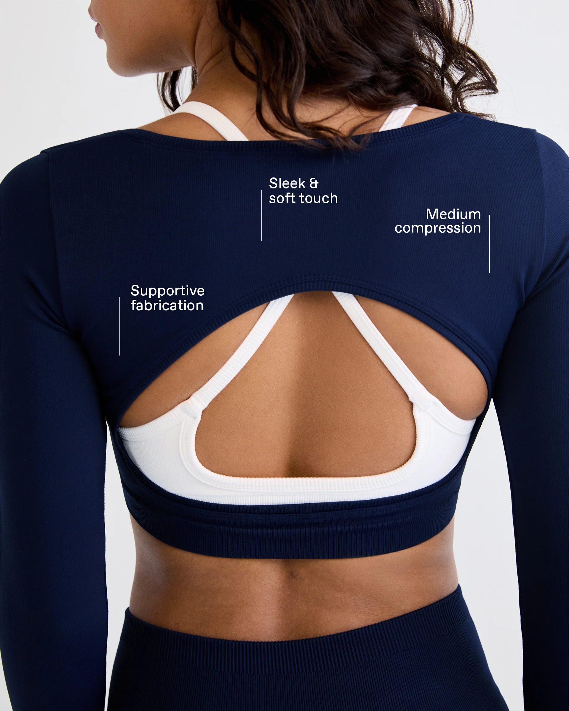 Classic Seamless Open Back Long Sleeve Top - Navy Blue - Image 2