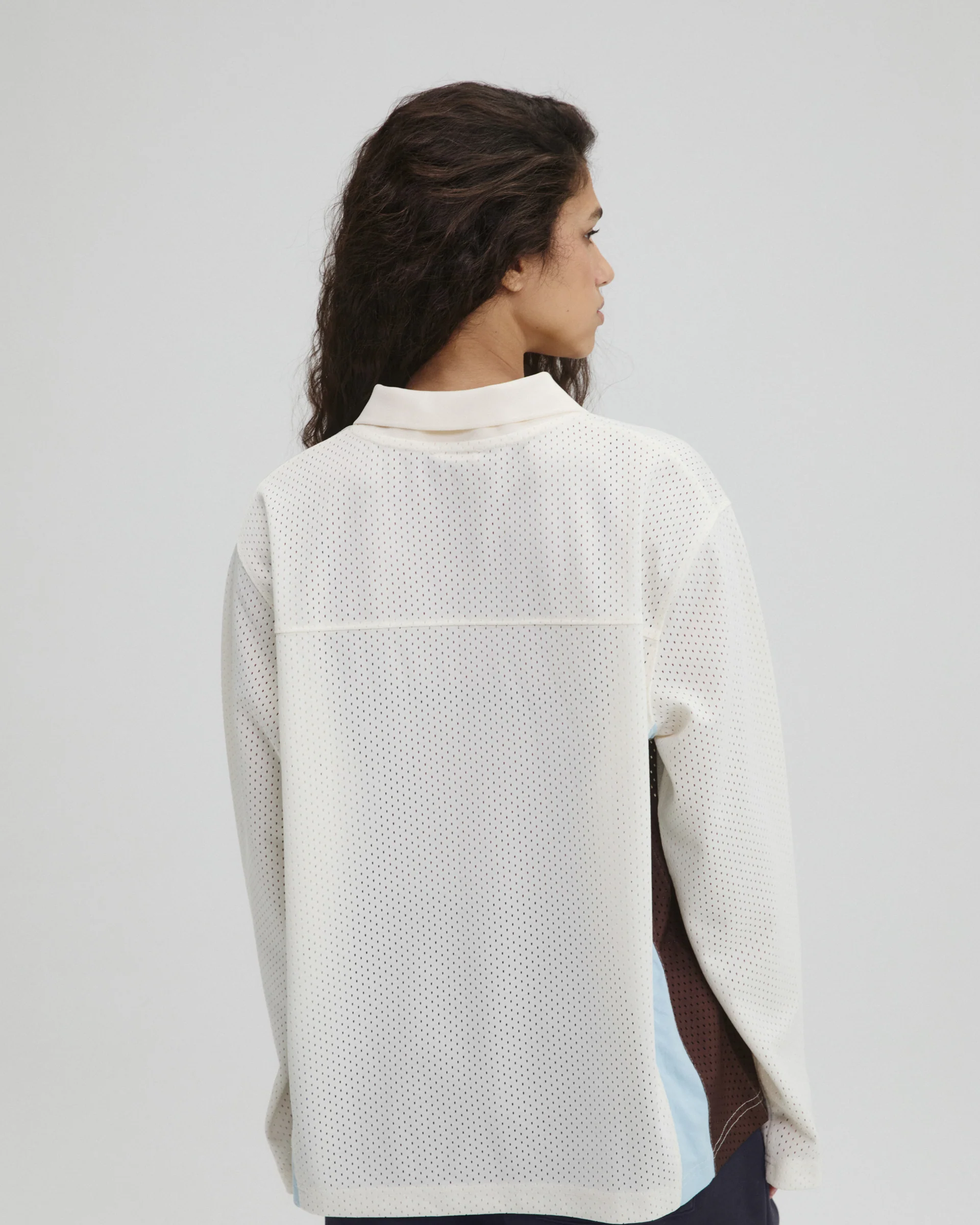 Collared Mesh Long Sleeve Jersey Top - Marshmallow White - Image 2