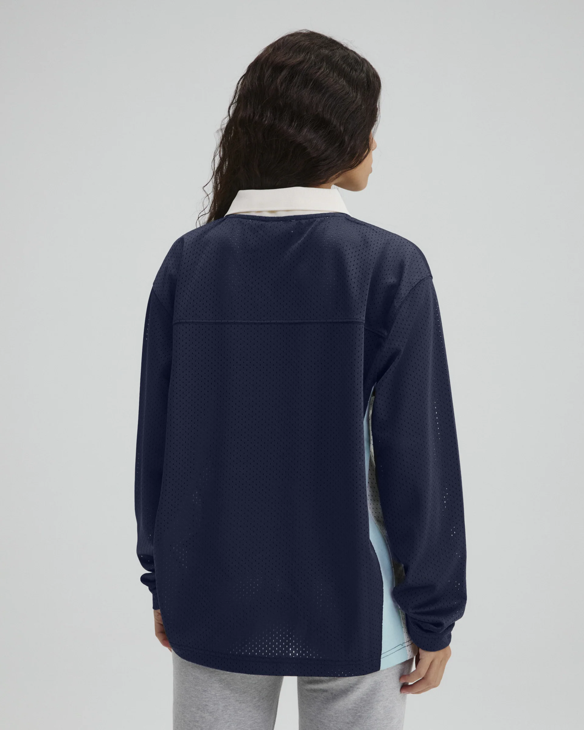 Collared Mesh Long Sleeve Jersey Top - Midnight Blue - Image 2