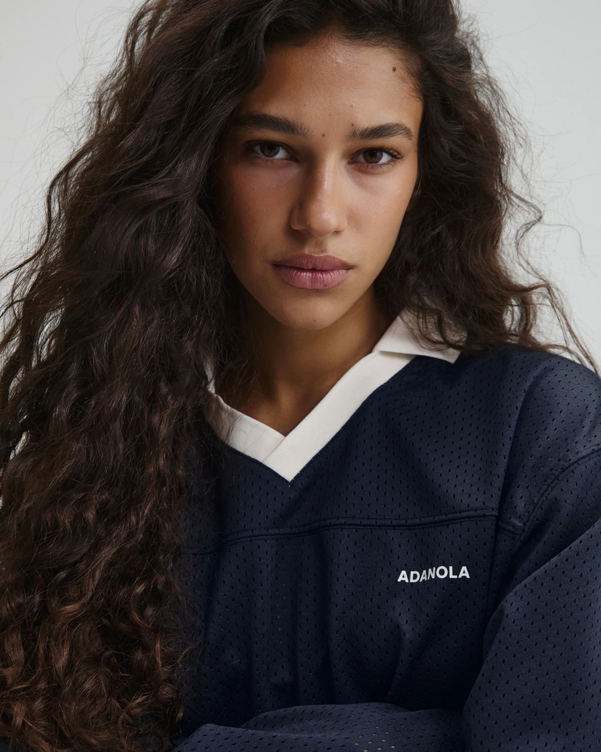 Collared Mesh Long Sleeve Jersey Top - Midnight Blue - Image 3