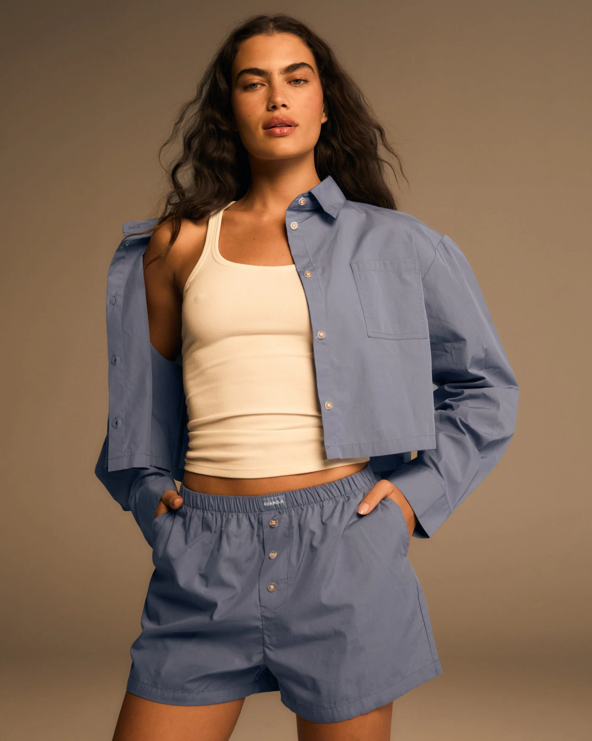 Cotton Cropped Shirt - Blue - Image 3