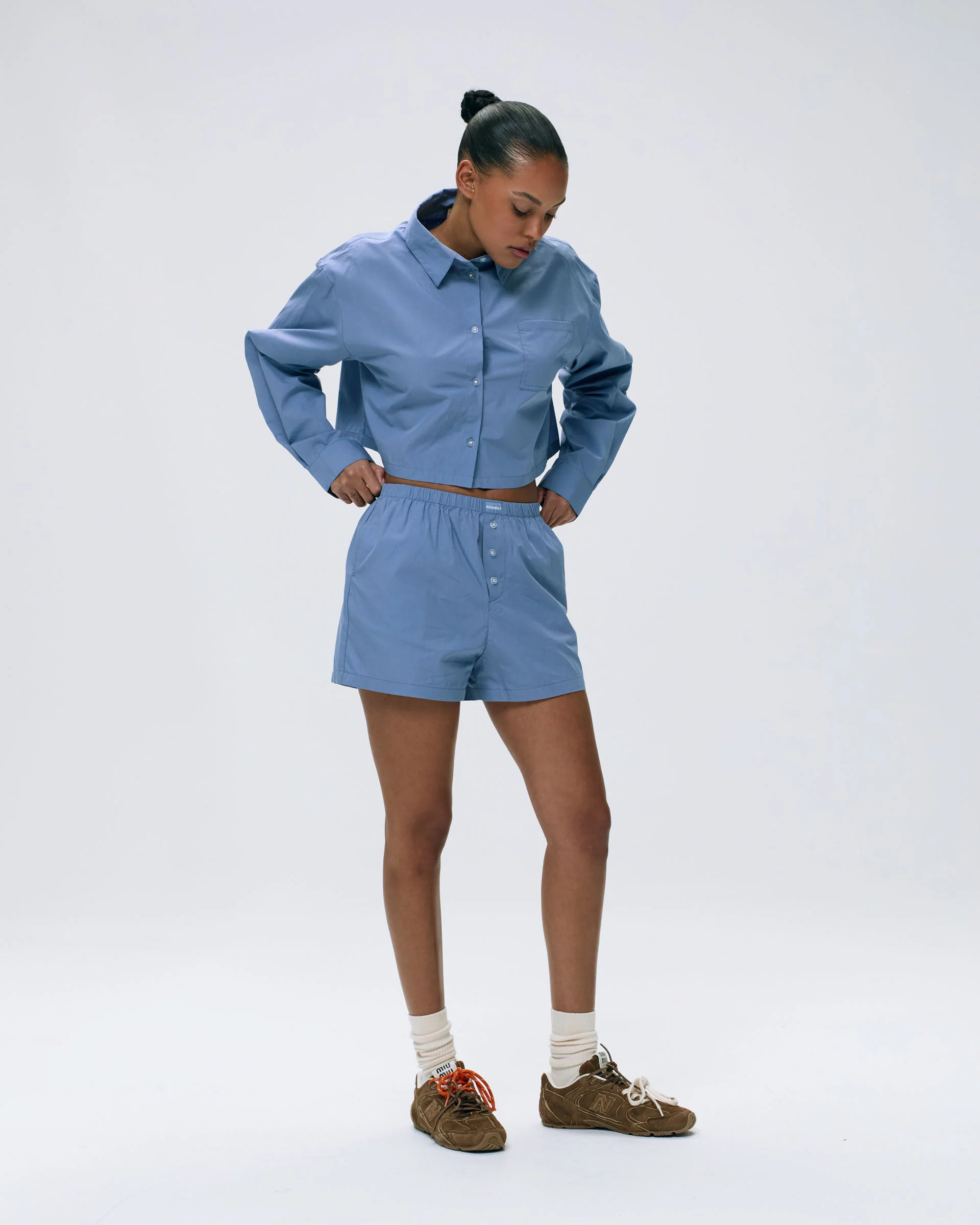 Cotton Cropped Shirt - Blue - Image 6