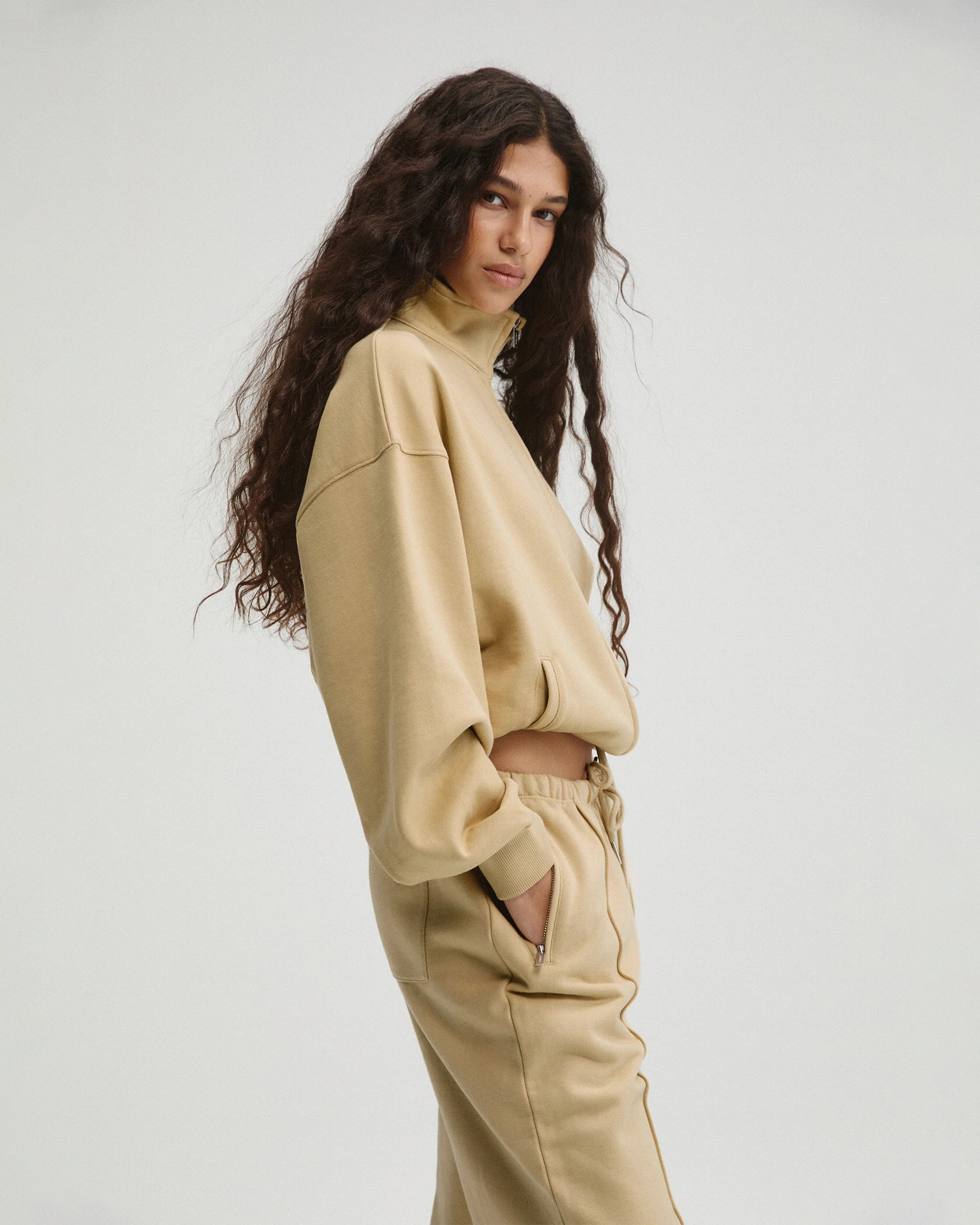 Drawcord Zip Through Sweatshirt - Caramel Beige - Image 5