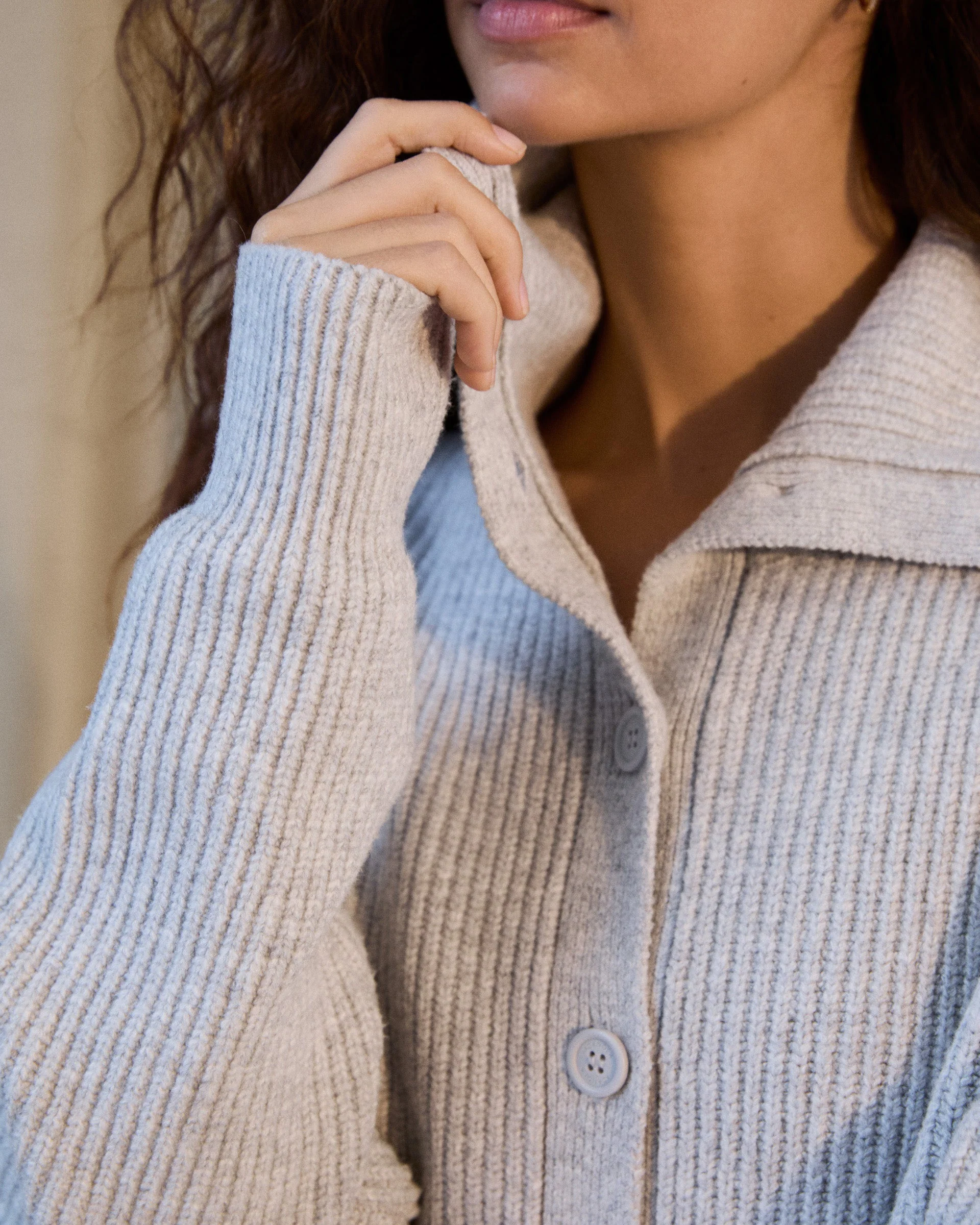Knit Collar Cardigan - Light Grey Melange - Image 3