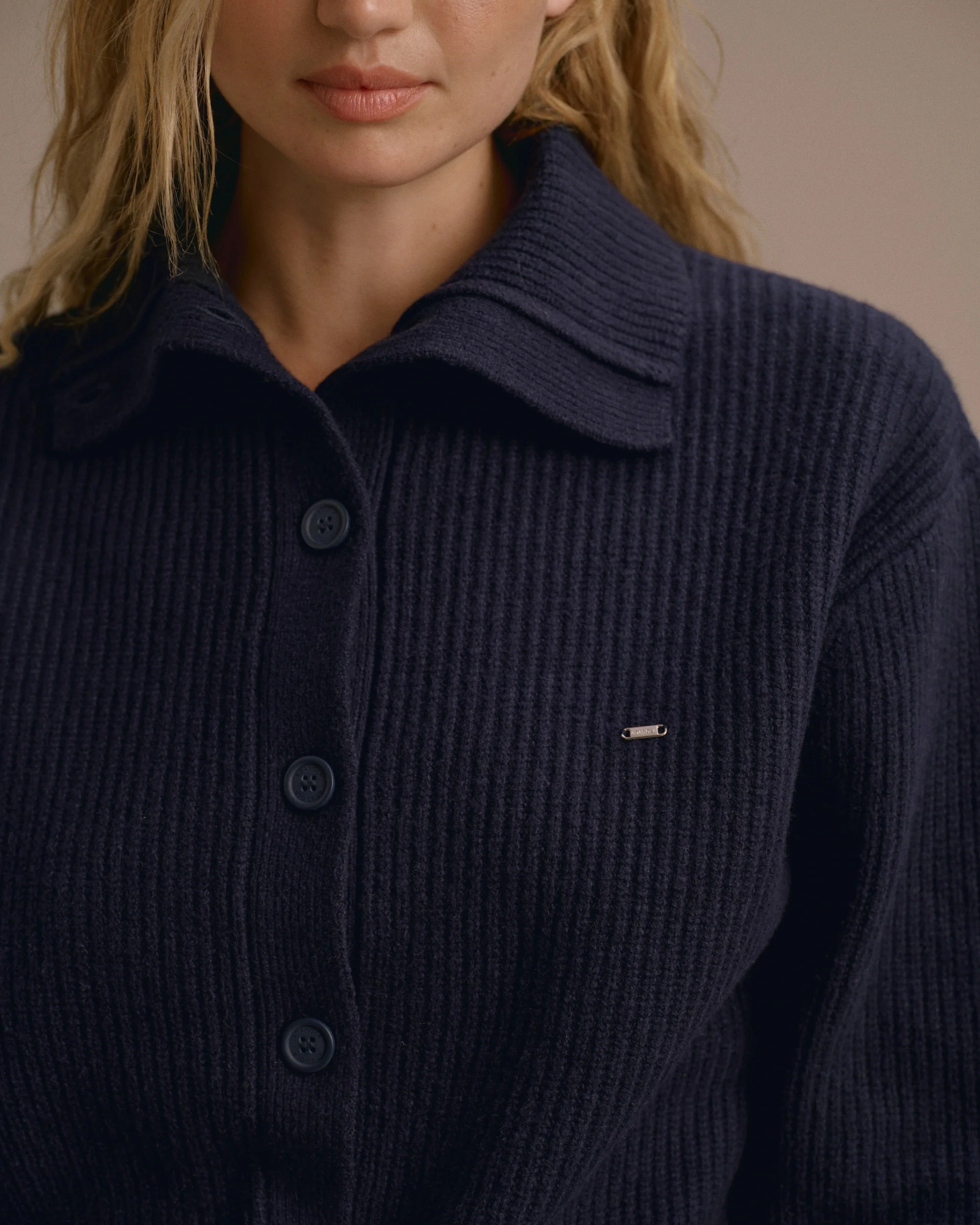 Knit Collar Cardigan - Navy Blue - Image 3