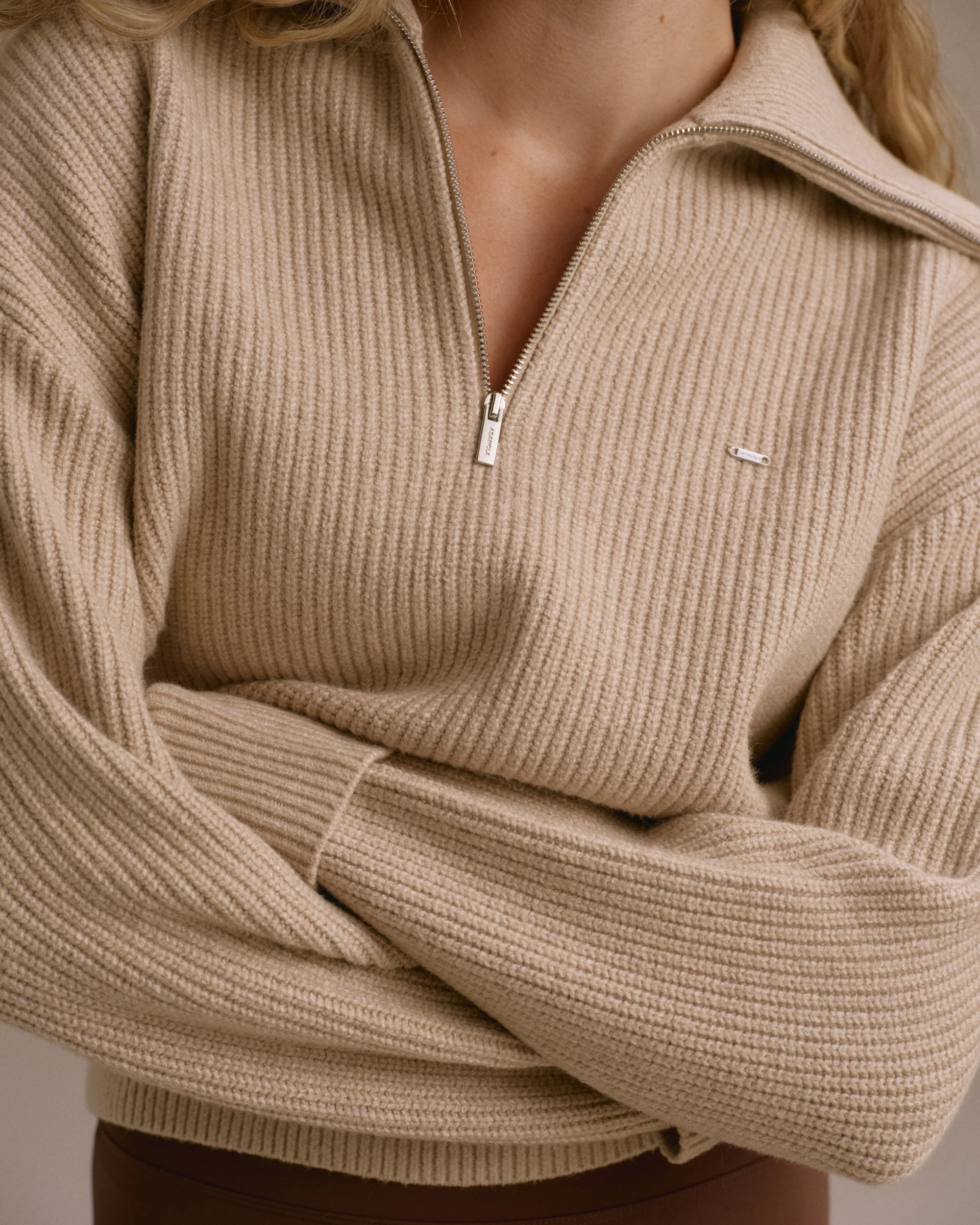 Knit Collared Quarter Zip Sweatshirt - Almond - Image 3