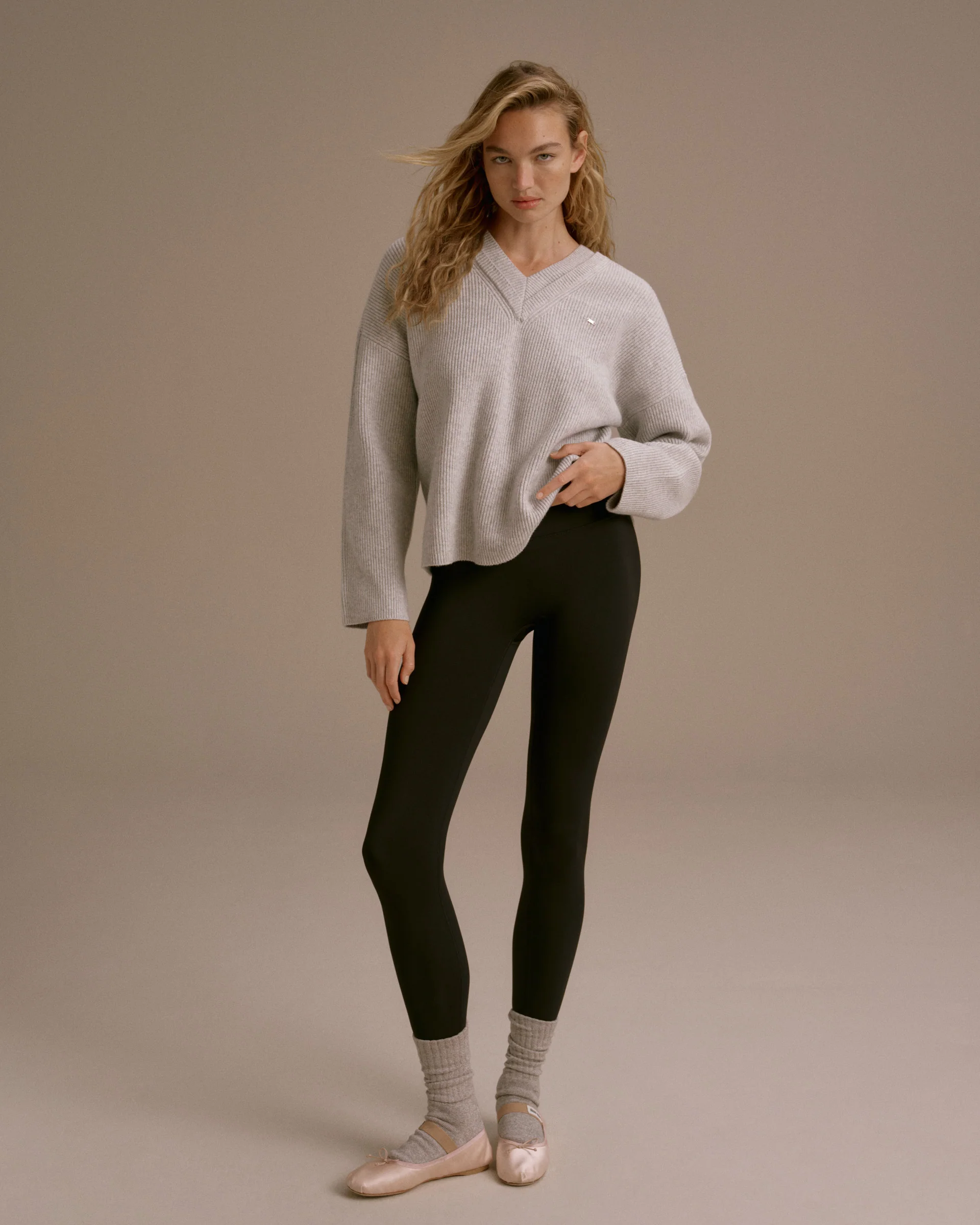 Knit Double V Neck Sweatshirt - Light Grey Melange - Image 4