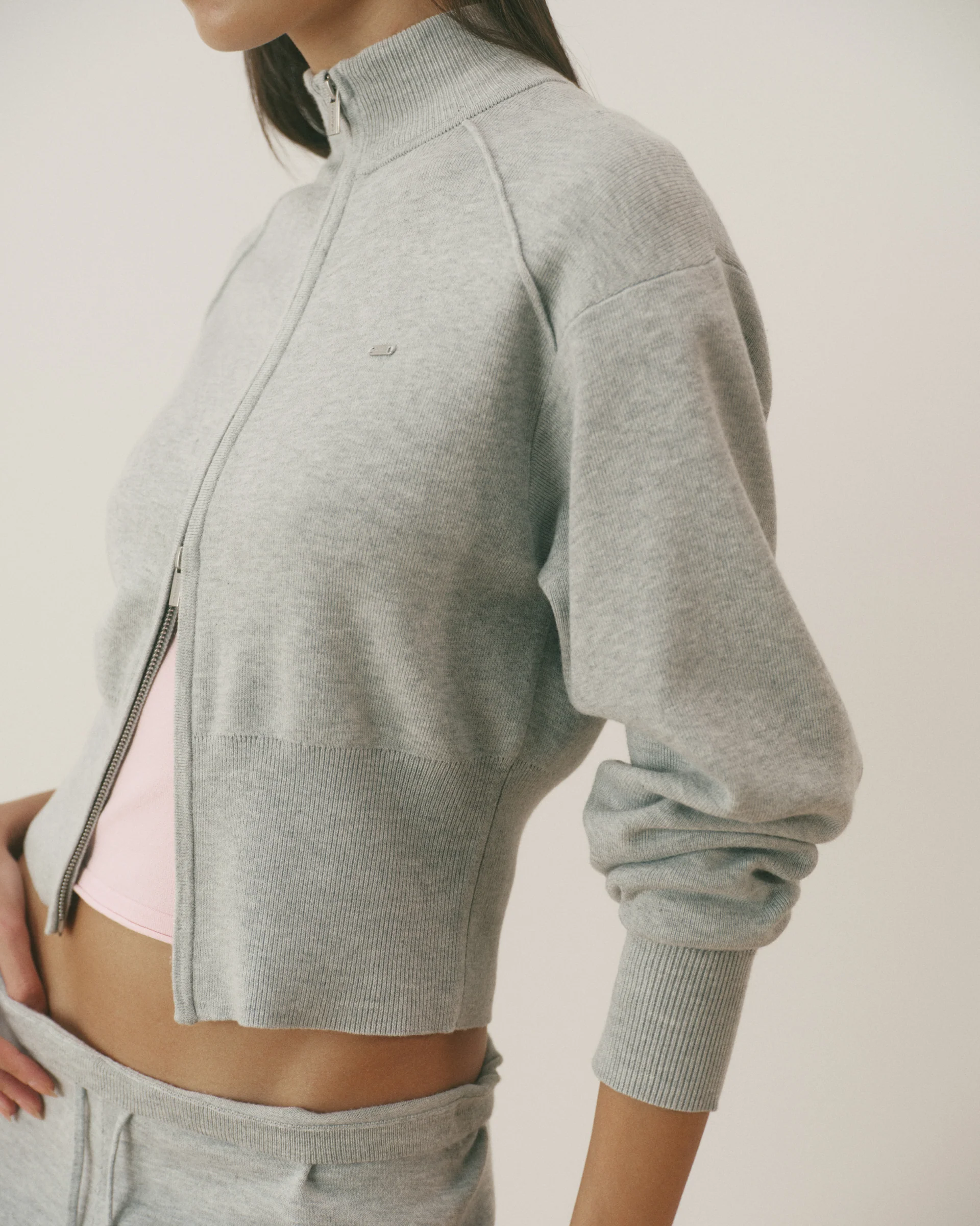Knit Full Zip Funnel Neck Sweatshirt - Grey Melange - Image 3