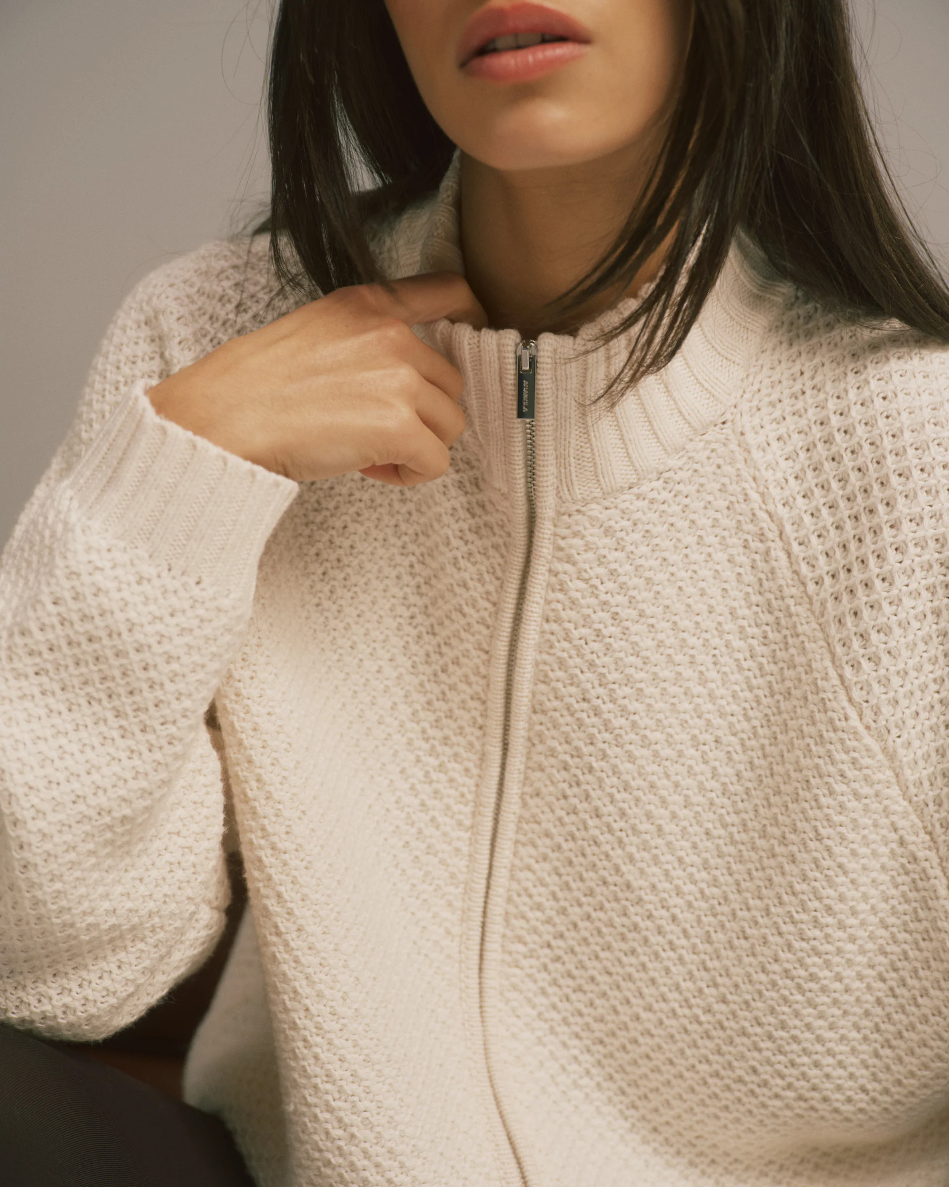 Knit Full Zip Funnel Neck Sweatshirt - Marshmallow White - Image 3