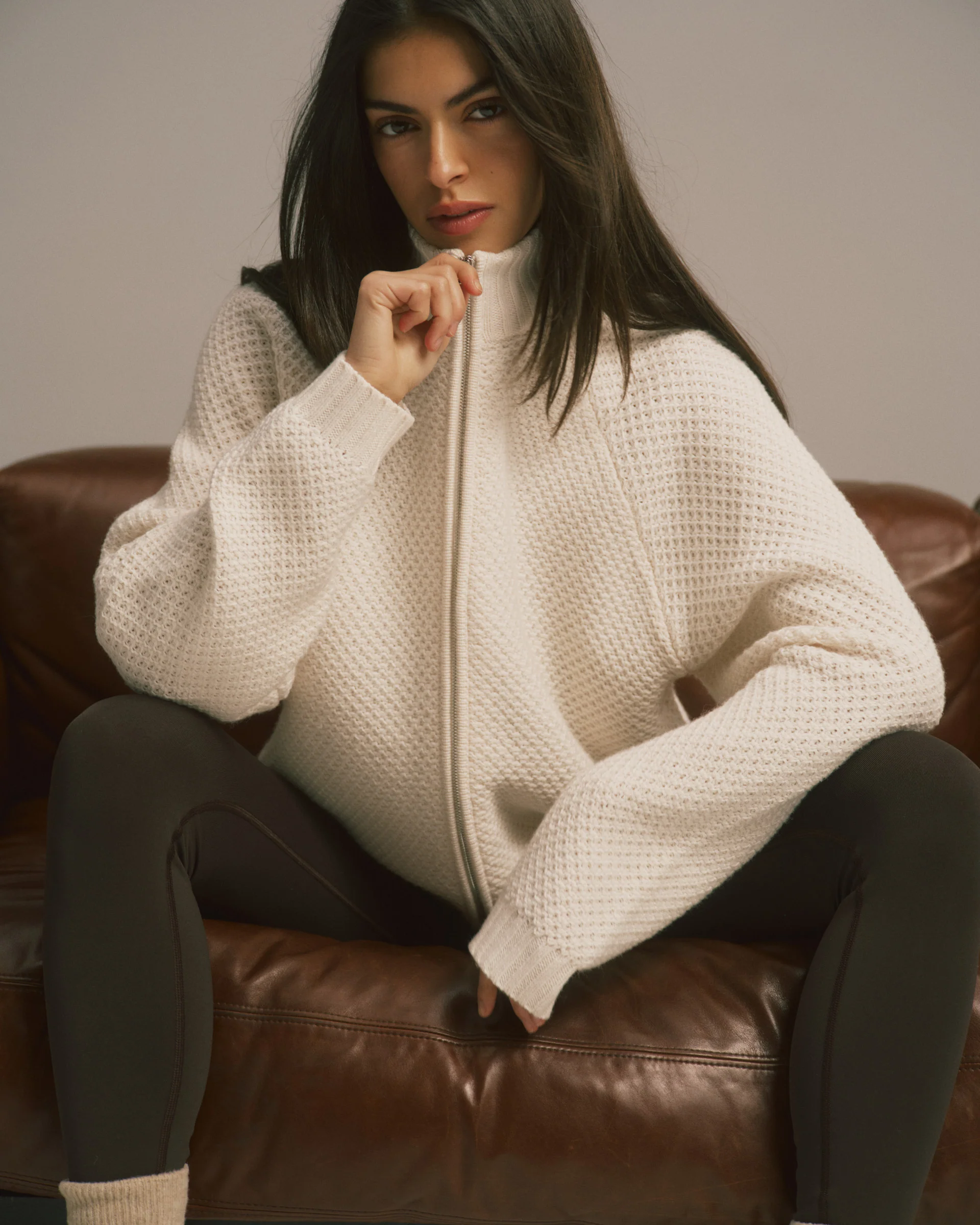 Knit Full Zip Funnel Neck Sweatshirt - Marshmallow White - Image 4