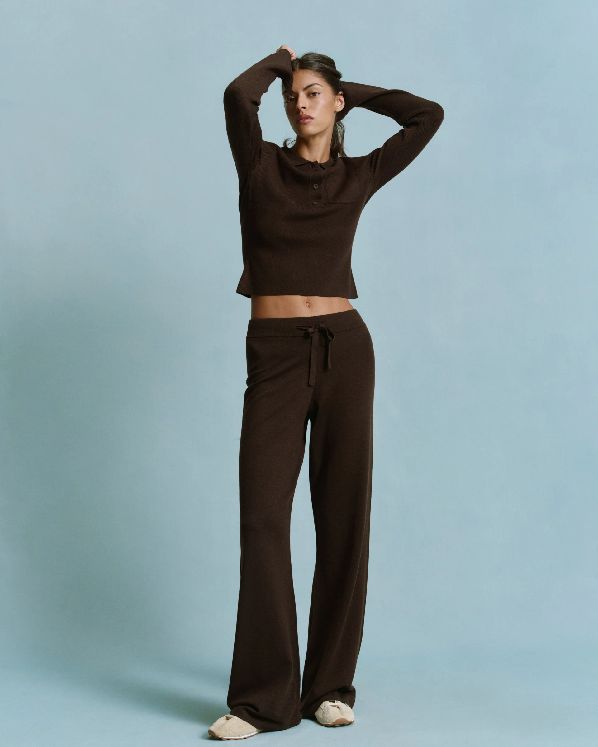 Knit Long Sleeve Button Up Top - Coffee Bean - Image 3