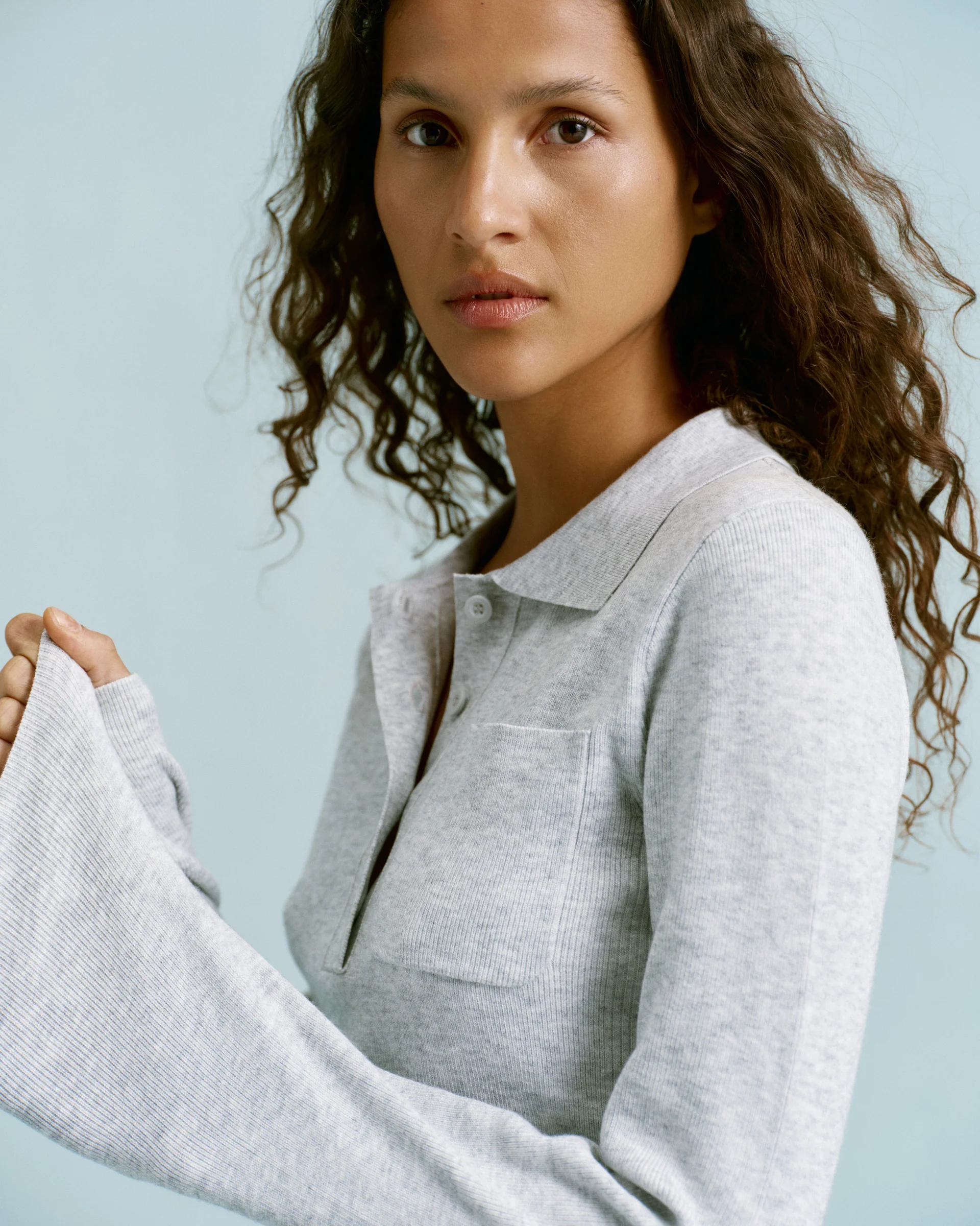 Knit Long Sleeve Button Up Top - Light Grey Melange - Image 3
