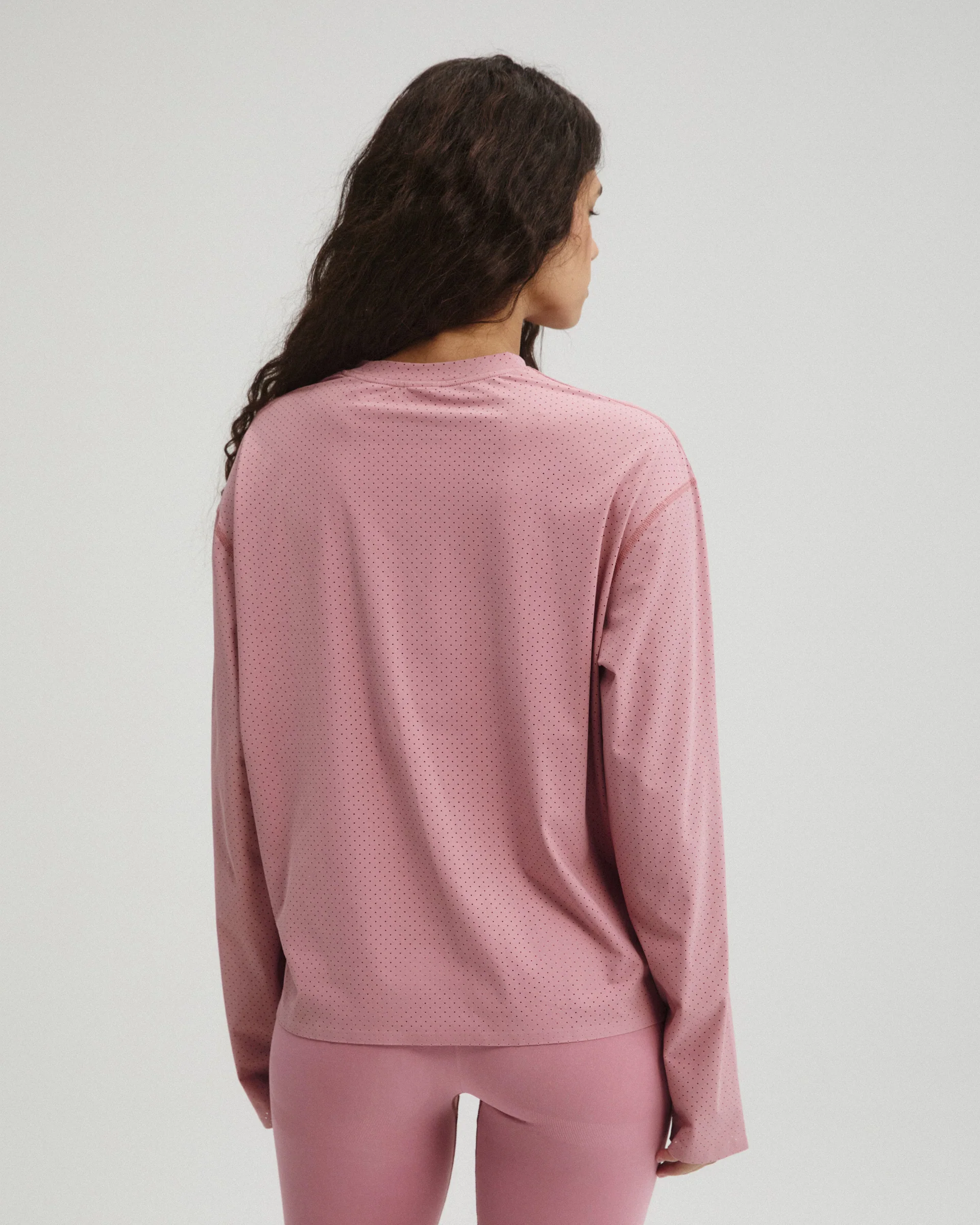 Laser Cut Long Sleeve Mesh Top - Dusty Pink - Image 2