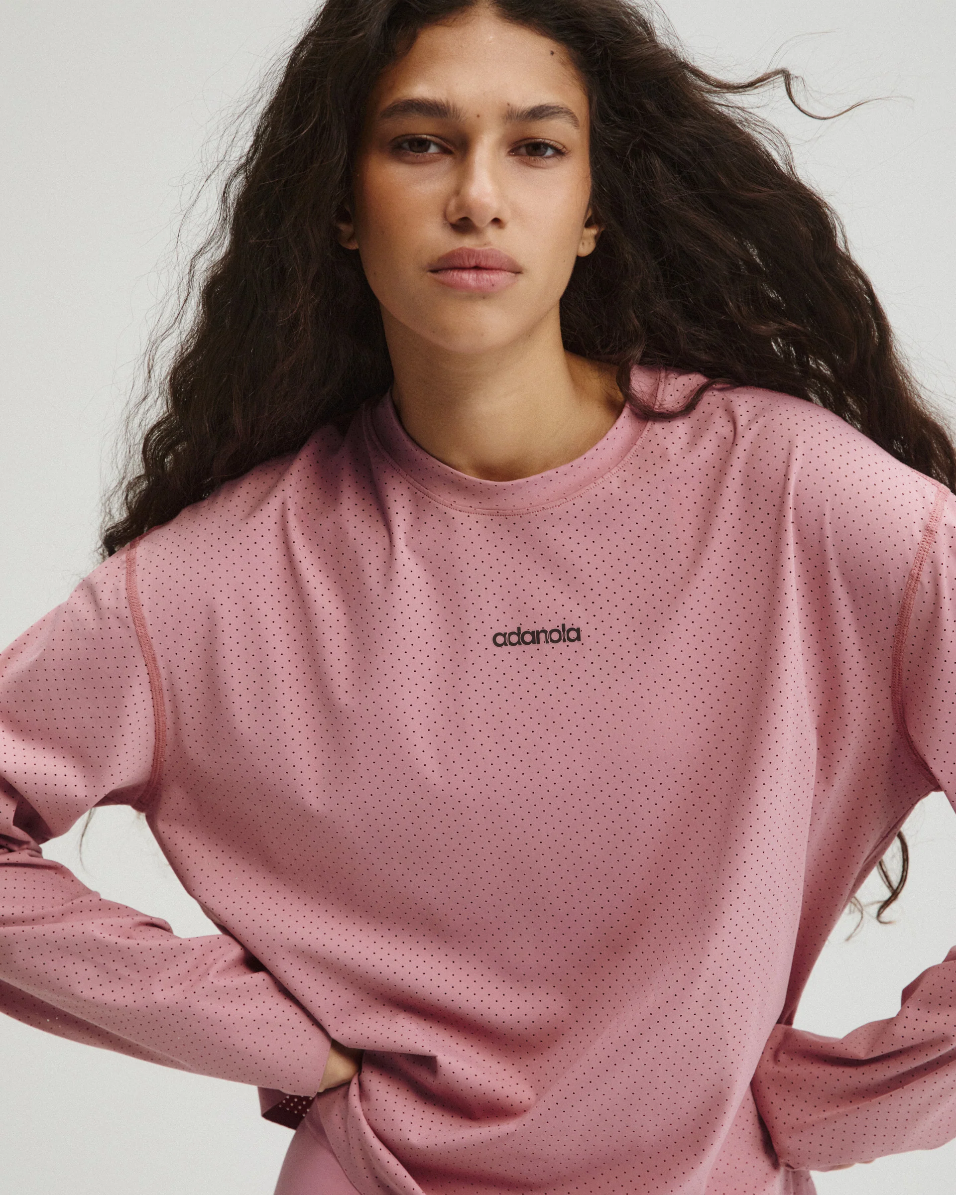Laser Cut Long Sleeve Mesh Top - Dusty Pink - Image 4