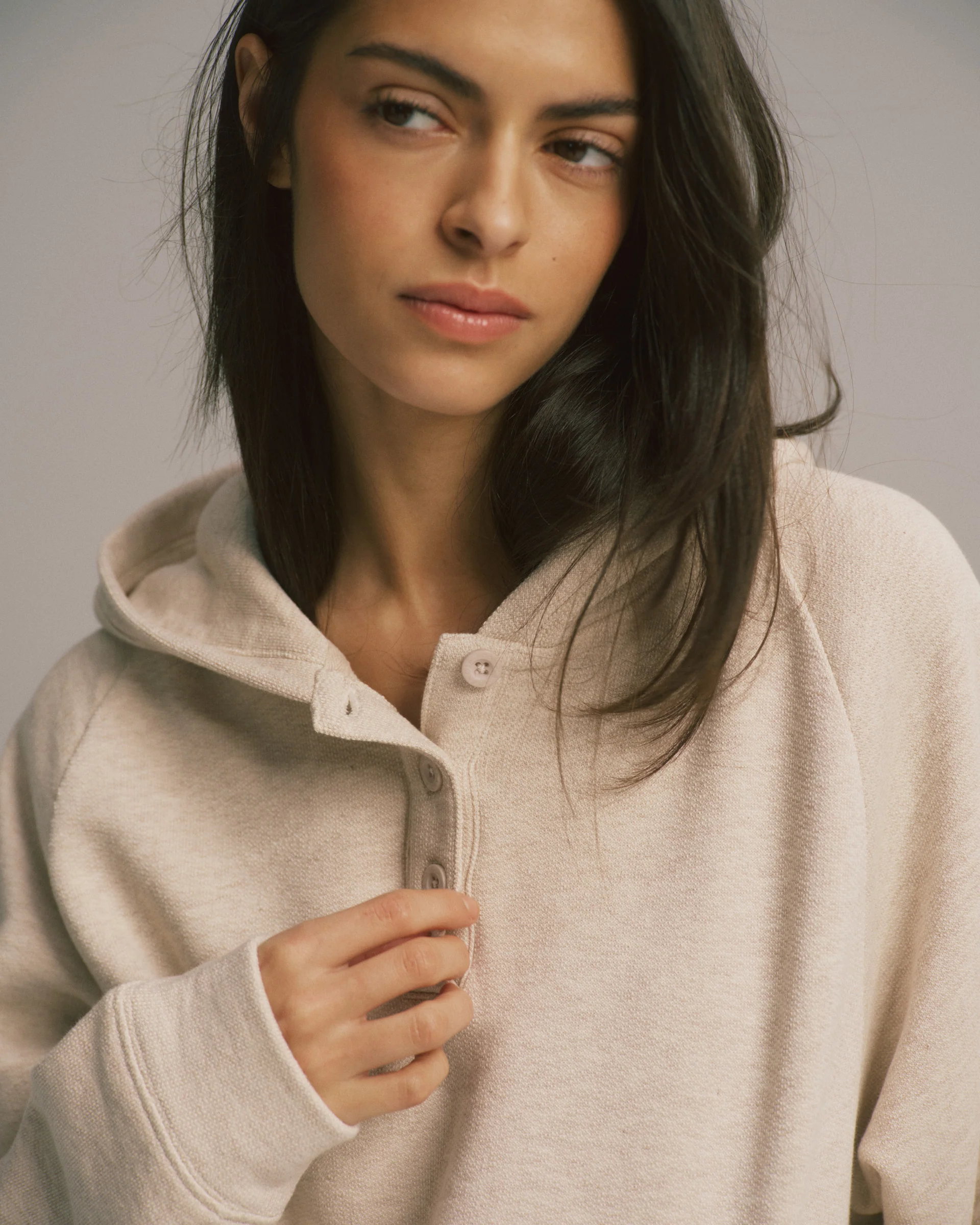 Loopback Henley Hoodie - Oatmeal Melange - Image 3