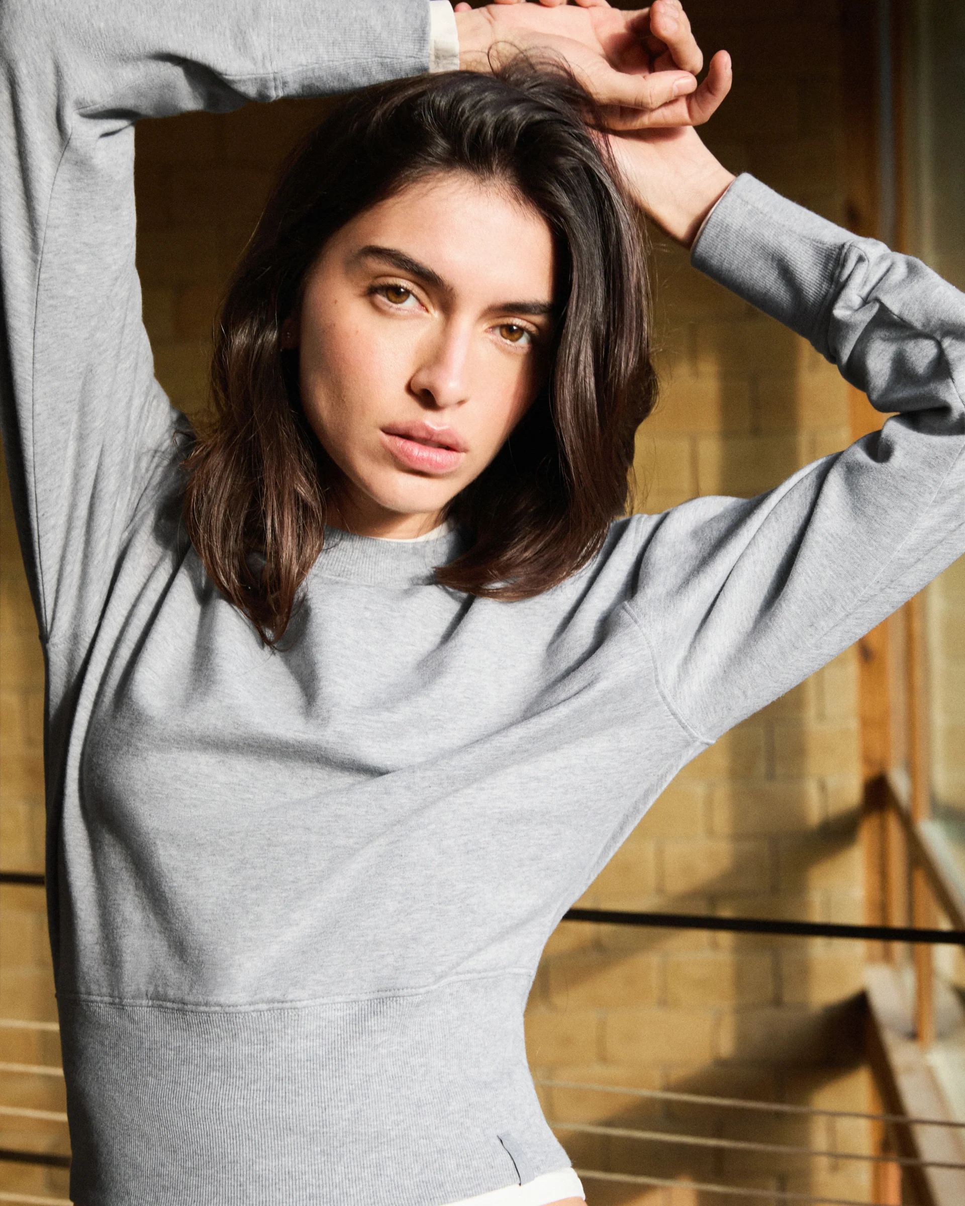 Modal Cinch Hem Sweatshirt - Light Grey Melange - Image 3