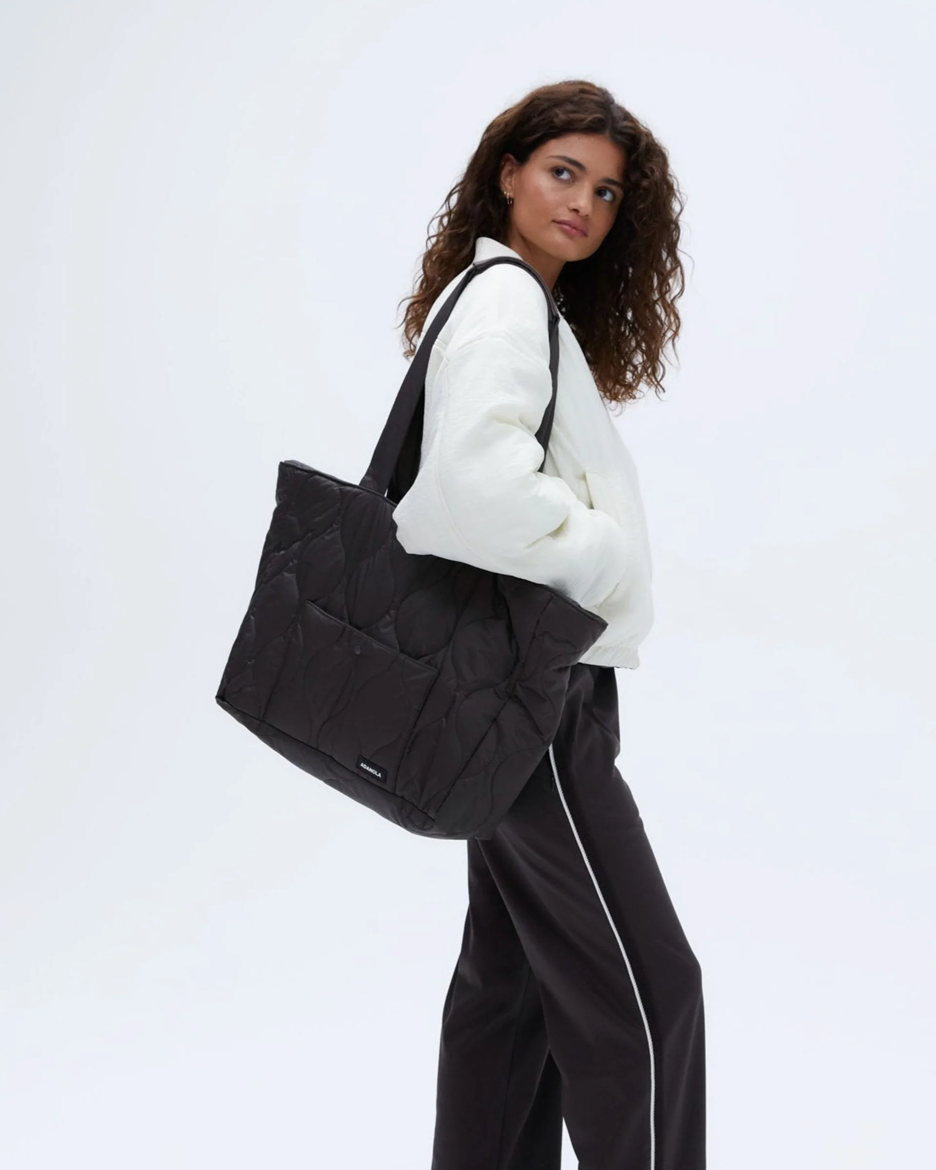 Quilted Nylon Tote Bag - Coffee Bean - Image 2