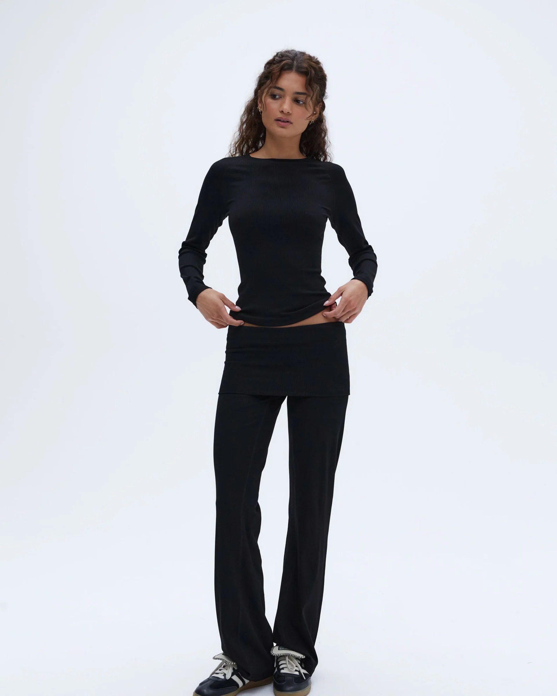Rib Fold Over Pants - Black - Image 5