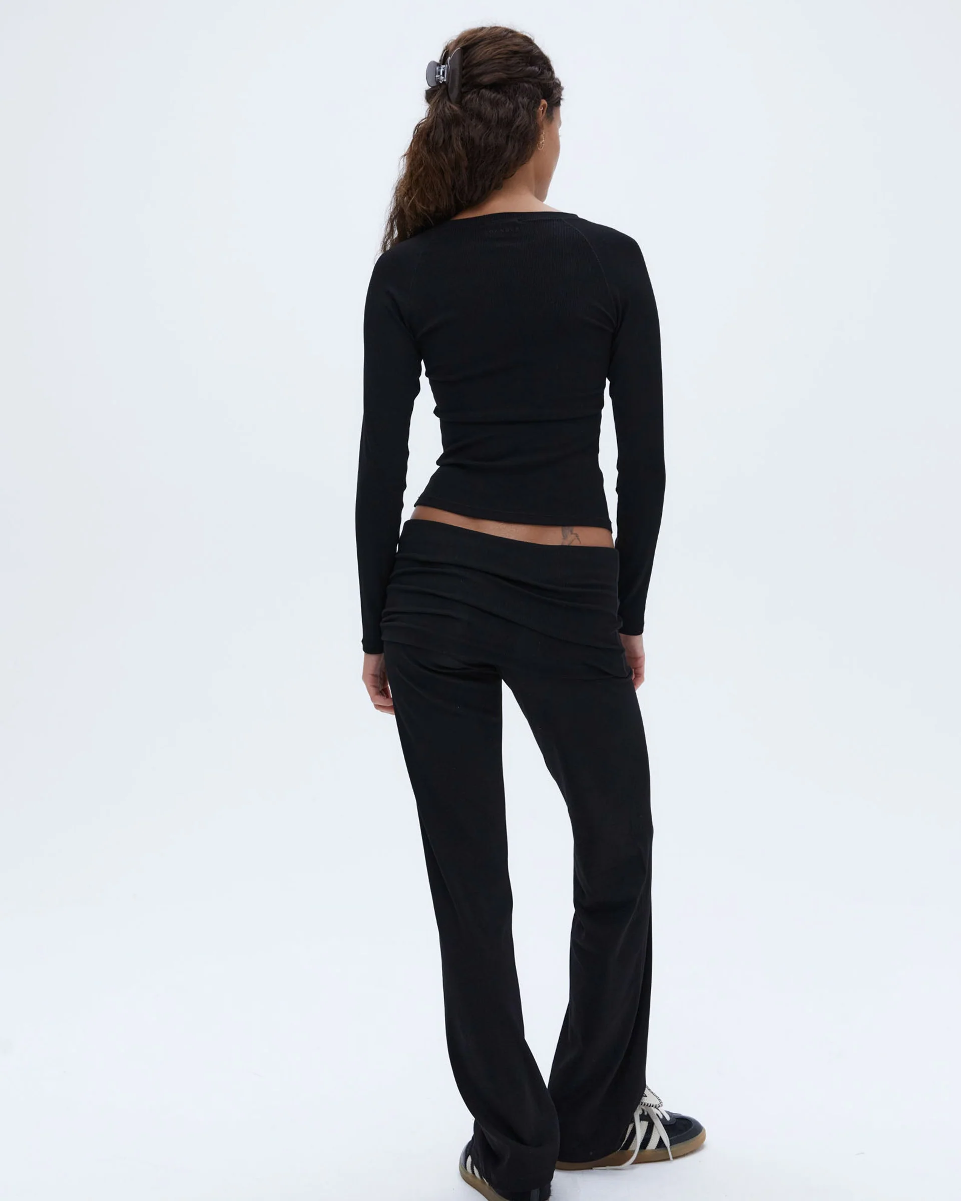 Rib Fold Over Pants - Black - Image 7