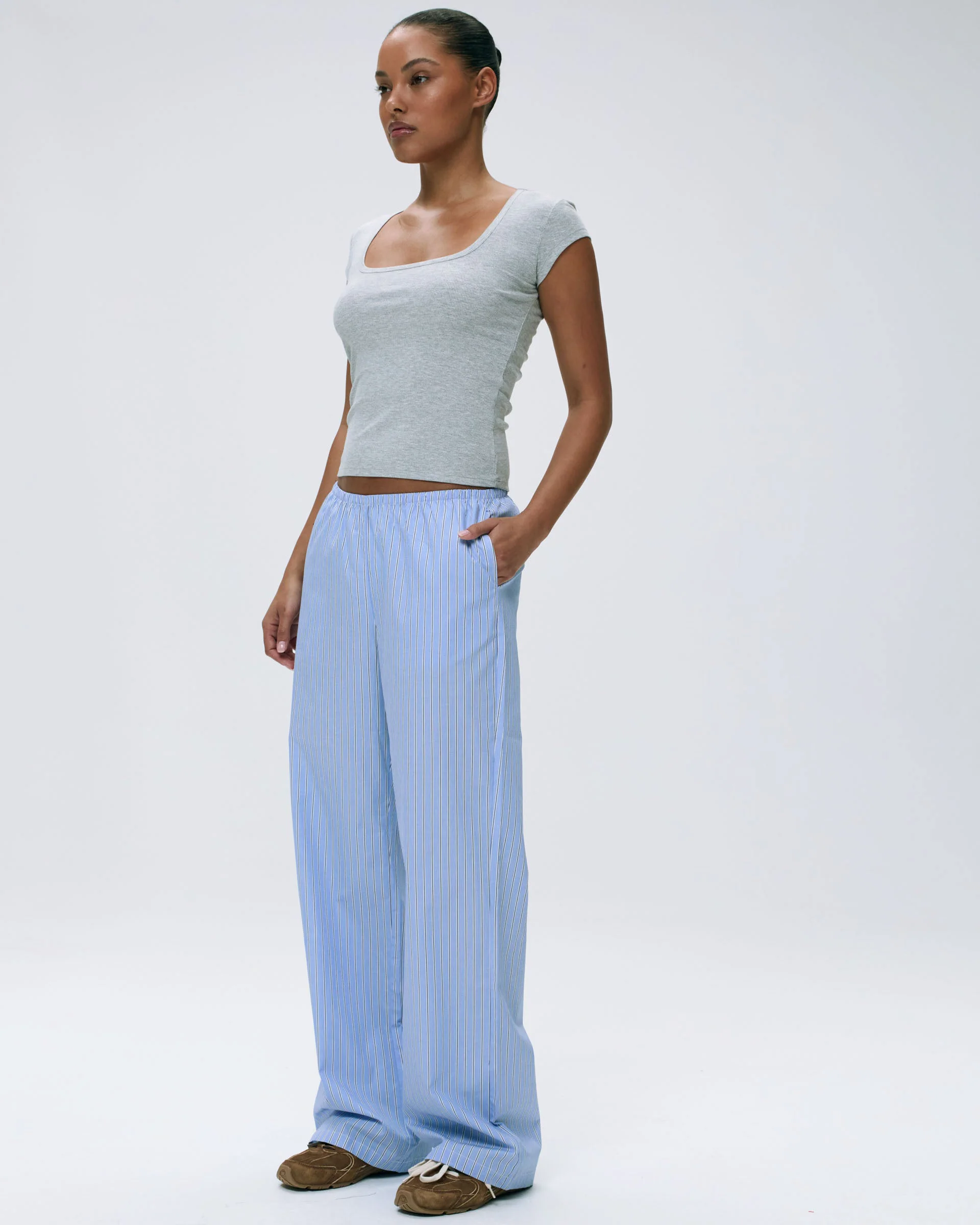 Rib Short Sleeve Scoop Neck Top - Light Grey Melange - Image 5