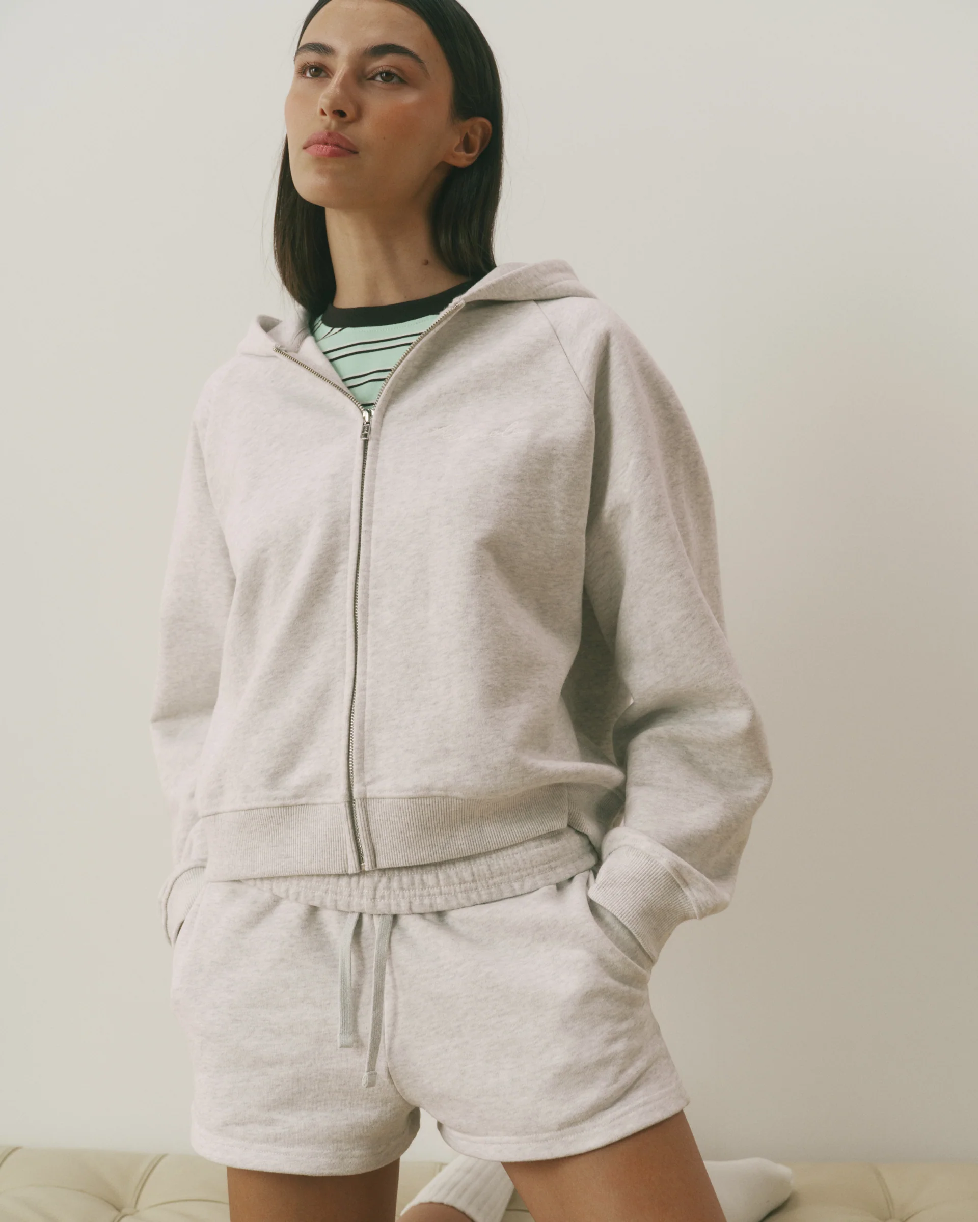 Signature Loose Fit Zip Through Hoodie - Light Grey Melange/Marshmallow White - Image 4