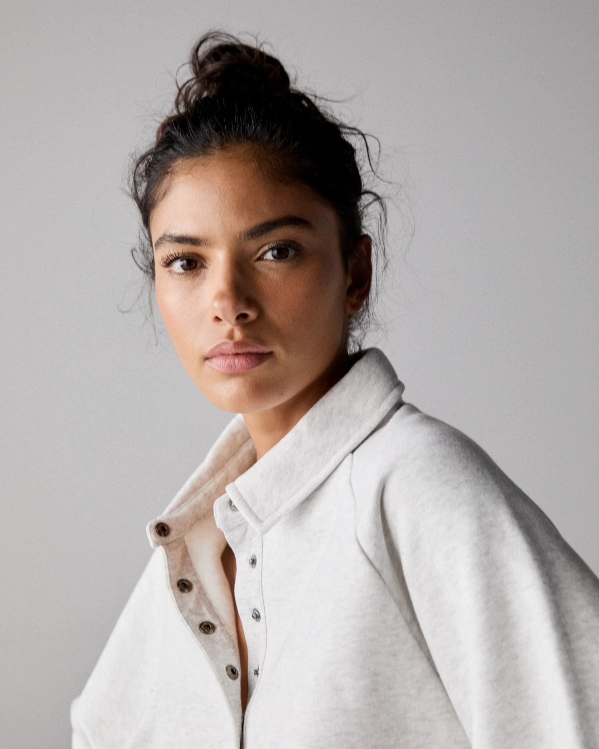 Slouchy Button Up Sweatshirt - Light Grey Melange - Image 3