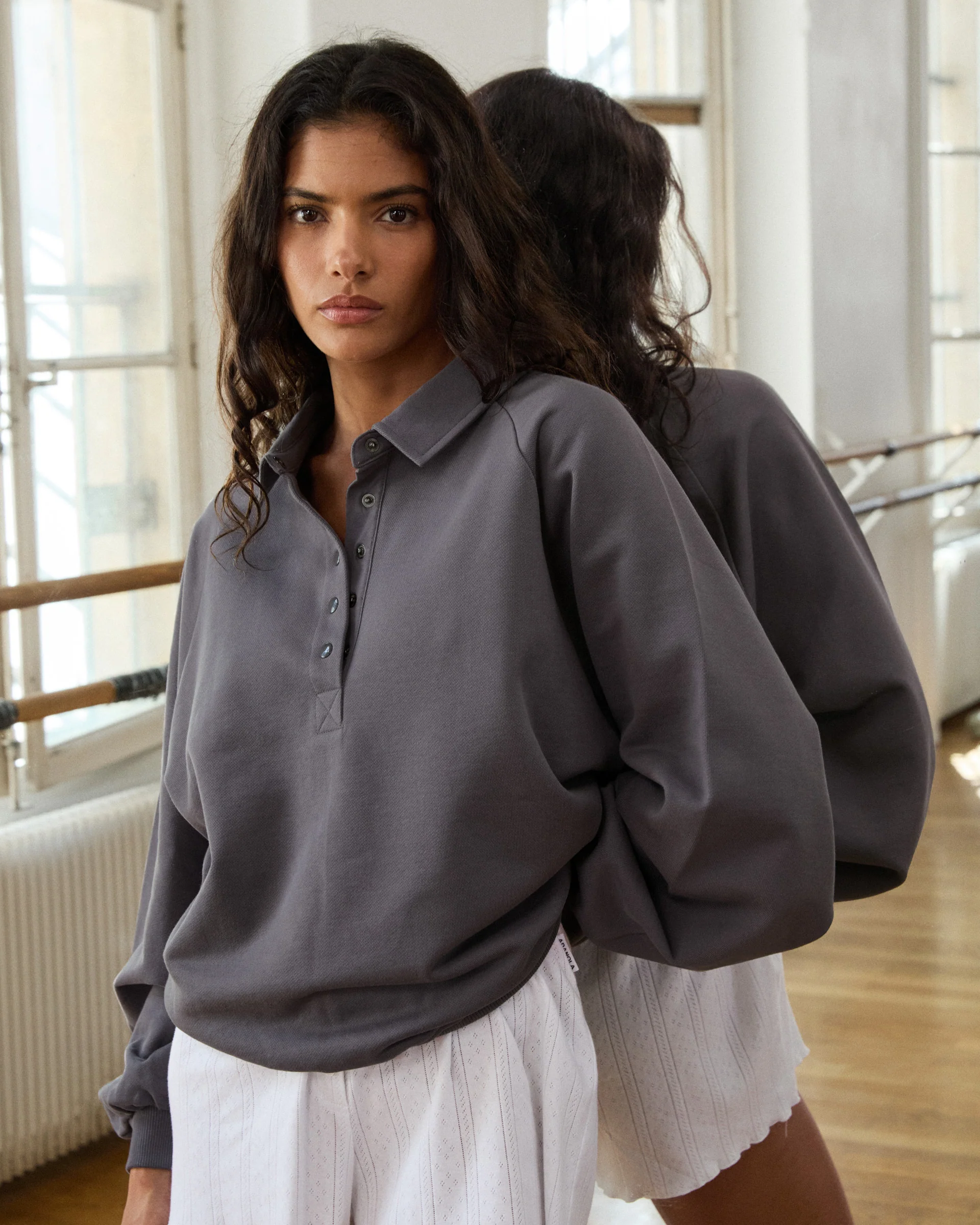 Slouchy Button Up Sweatshirt - Slate Grey - Image 4