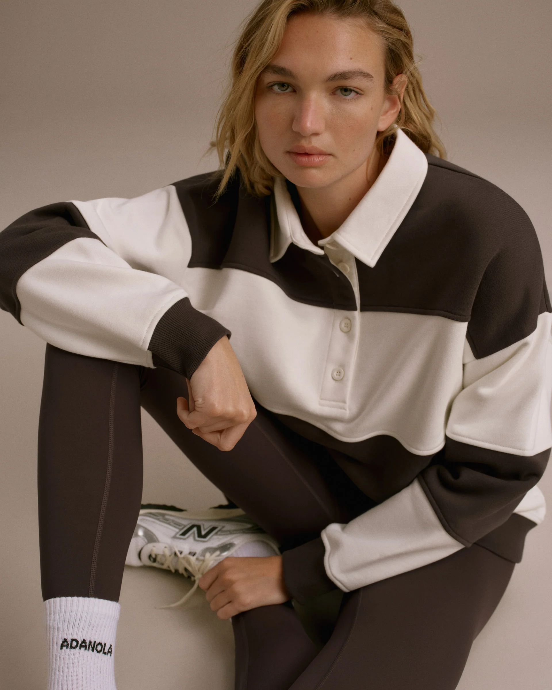 Stripe Oversized Henley Sweatshirt - Coffee Bean/Marshmallow White - Image 3