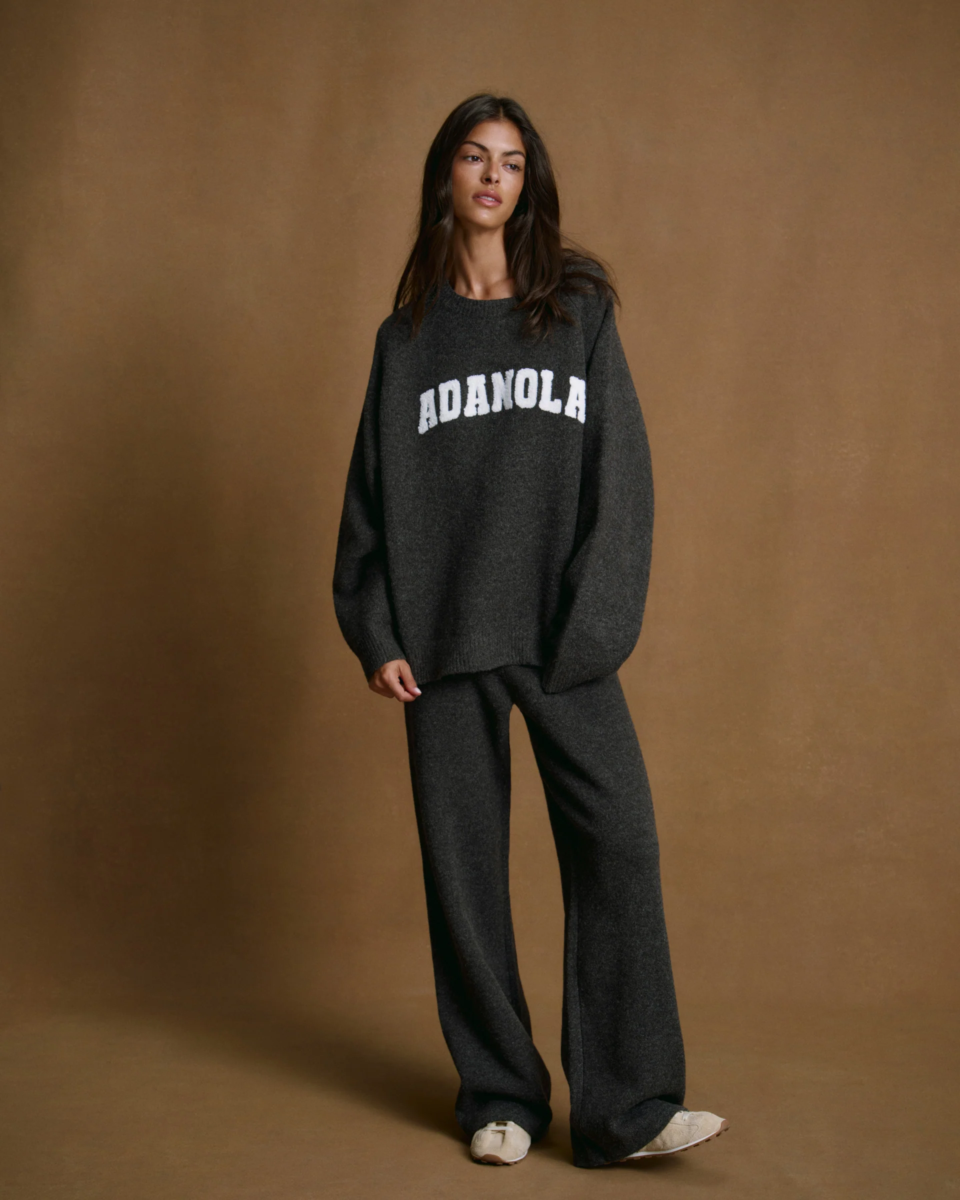 Varsity Boucle Oversized Knit Sweatshirt - Charcoal Grey/Marshmallow White - Image 4