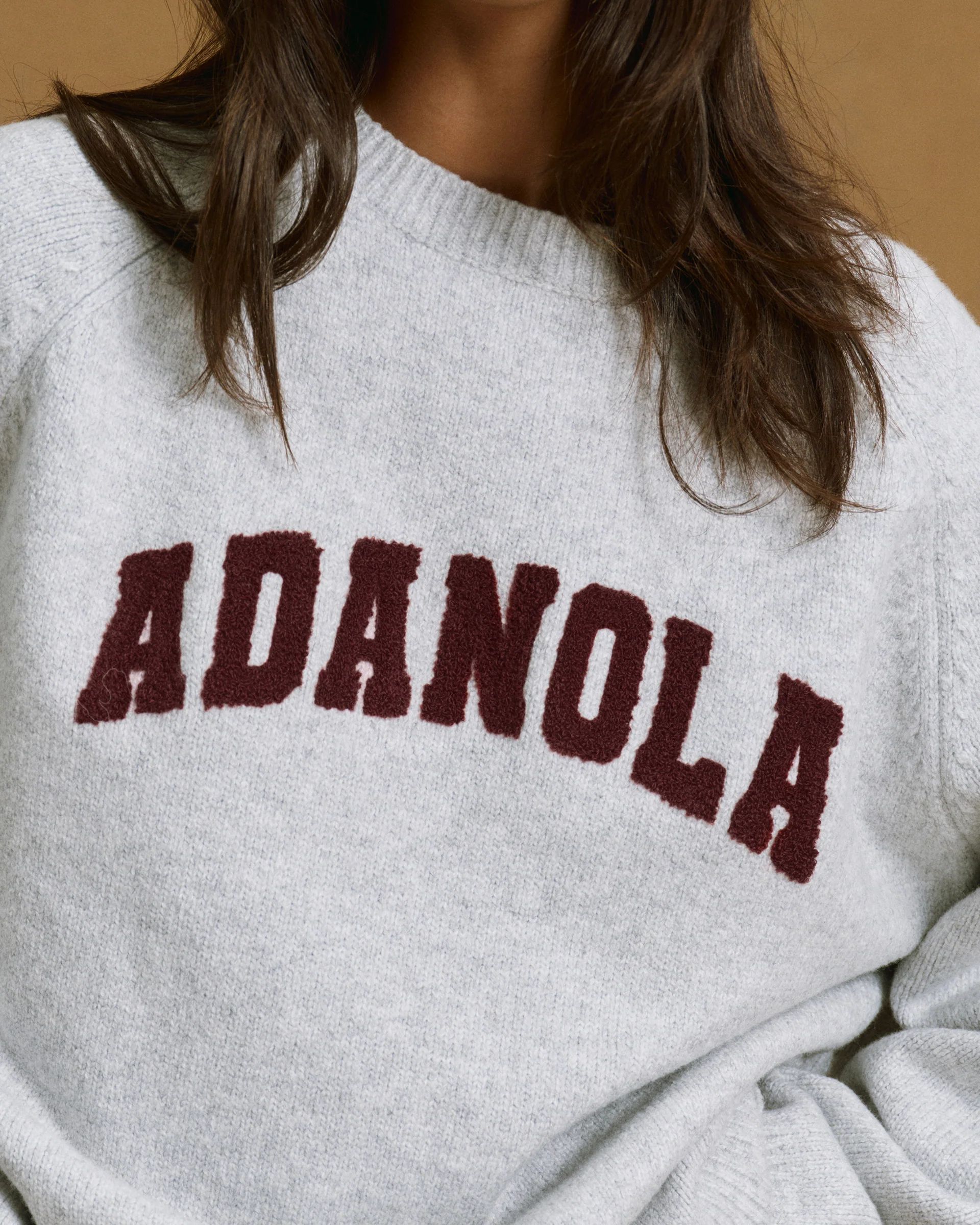 Varsity Boucle Oversized Knit Sweatshirt - Light Grey Melange/Burgundy - Image 3