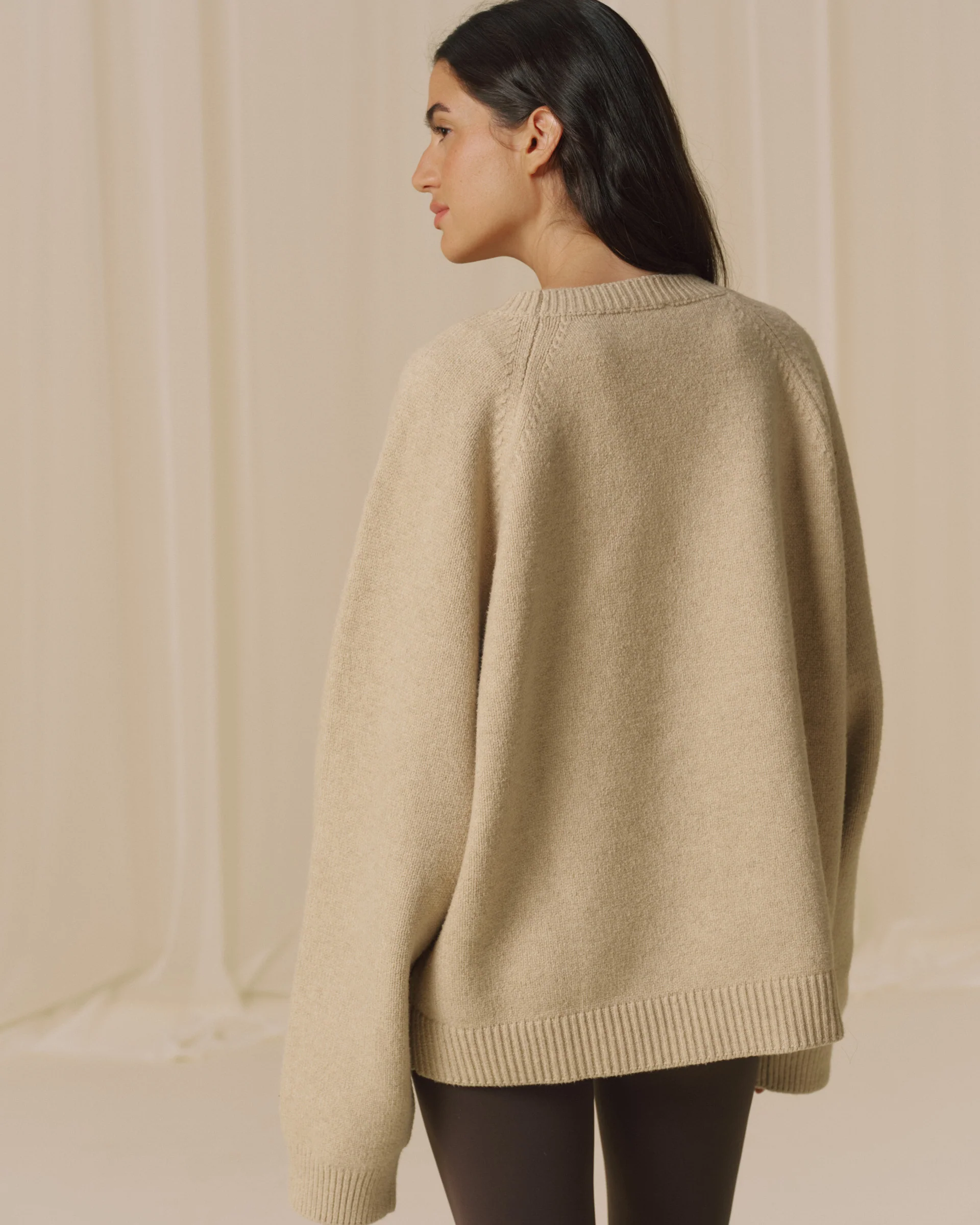 Varsity Boucle Oversized Knit Sweatshirt - Oatmeal/Marshmallow White - Image 2