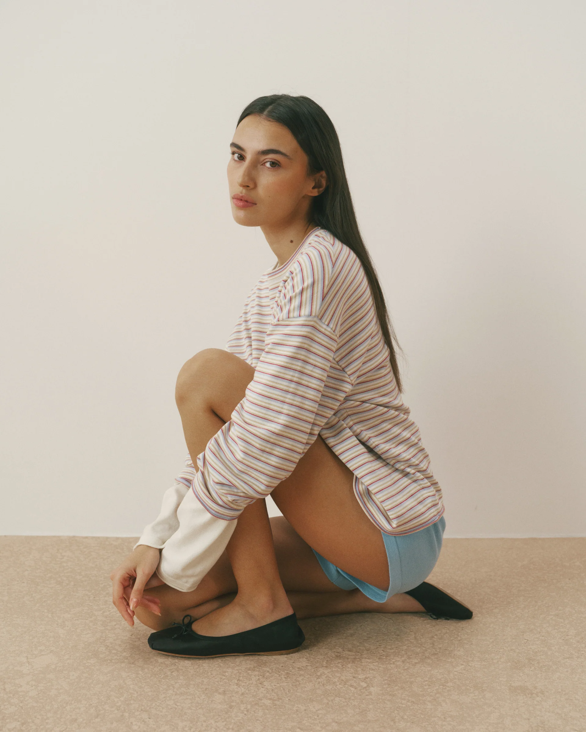 Varsity Knit Roll Hem Stripe Sweatshirt - Marshmallow White - Image 4