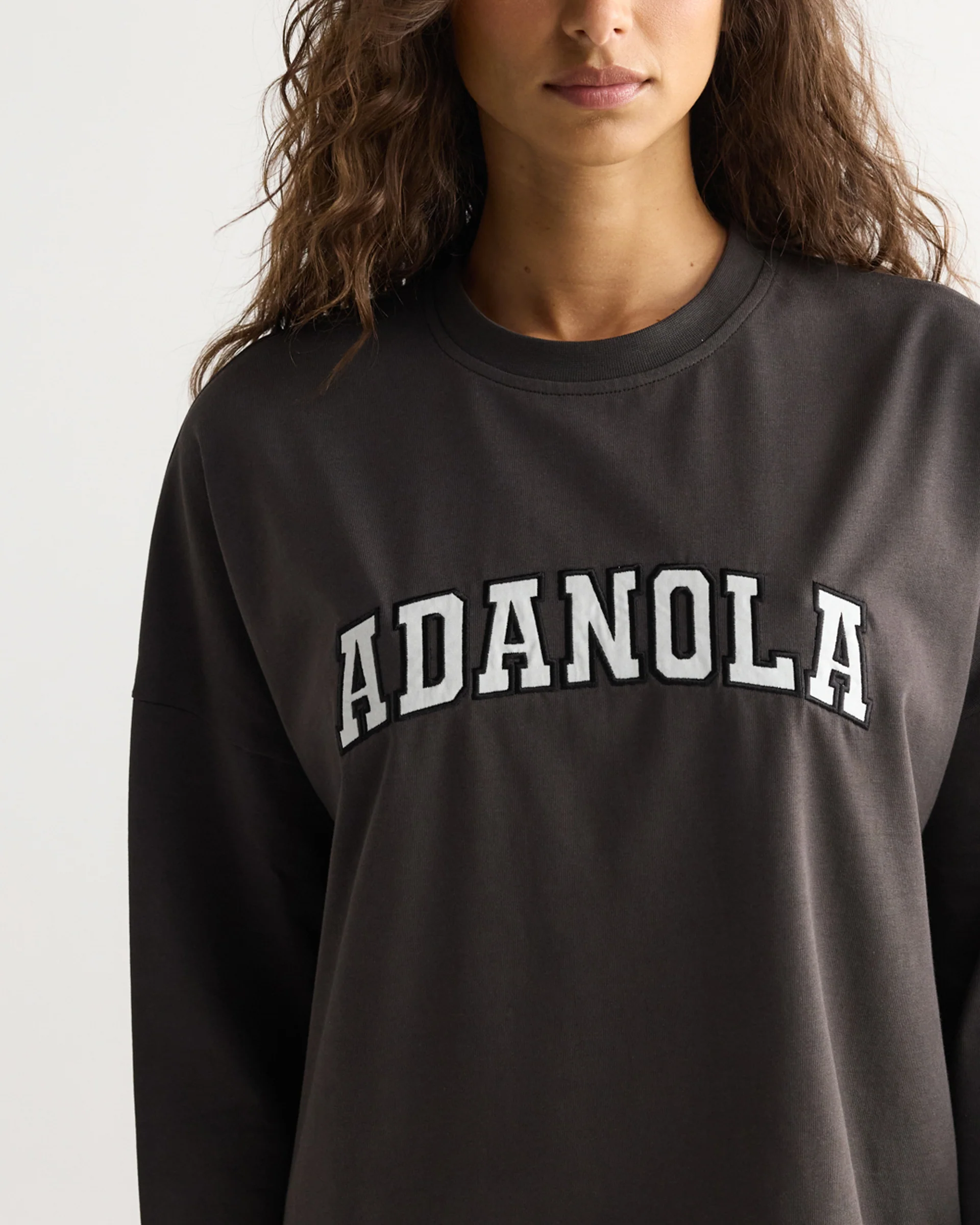 Varsity Long Sleeve Drop Shoulder T-shirt - Coffee Bean/White - Image 3
