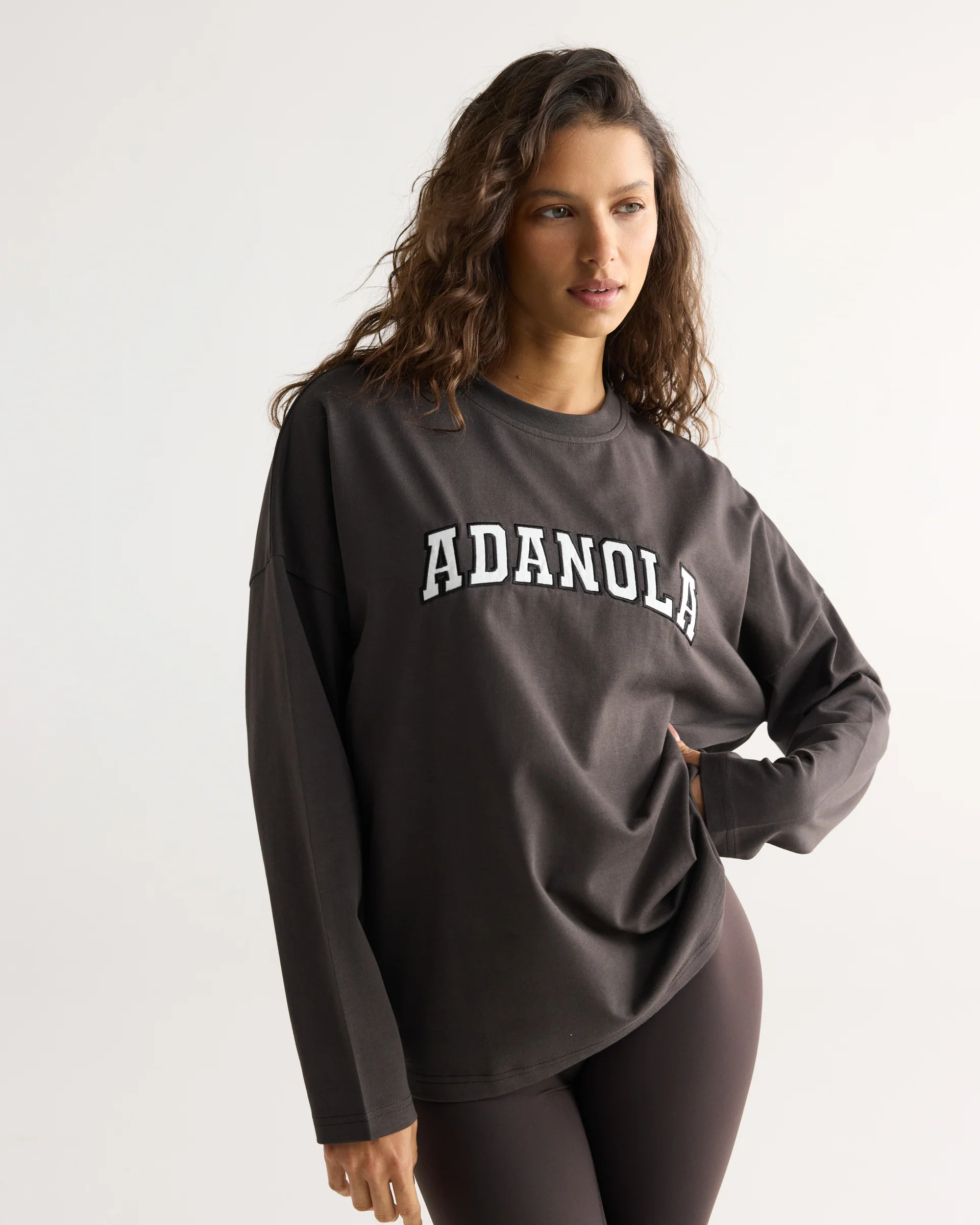 Varsity Long Sleeve Drop Shoulder T-shirt - Coffee Bean/White - Image 4