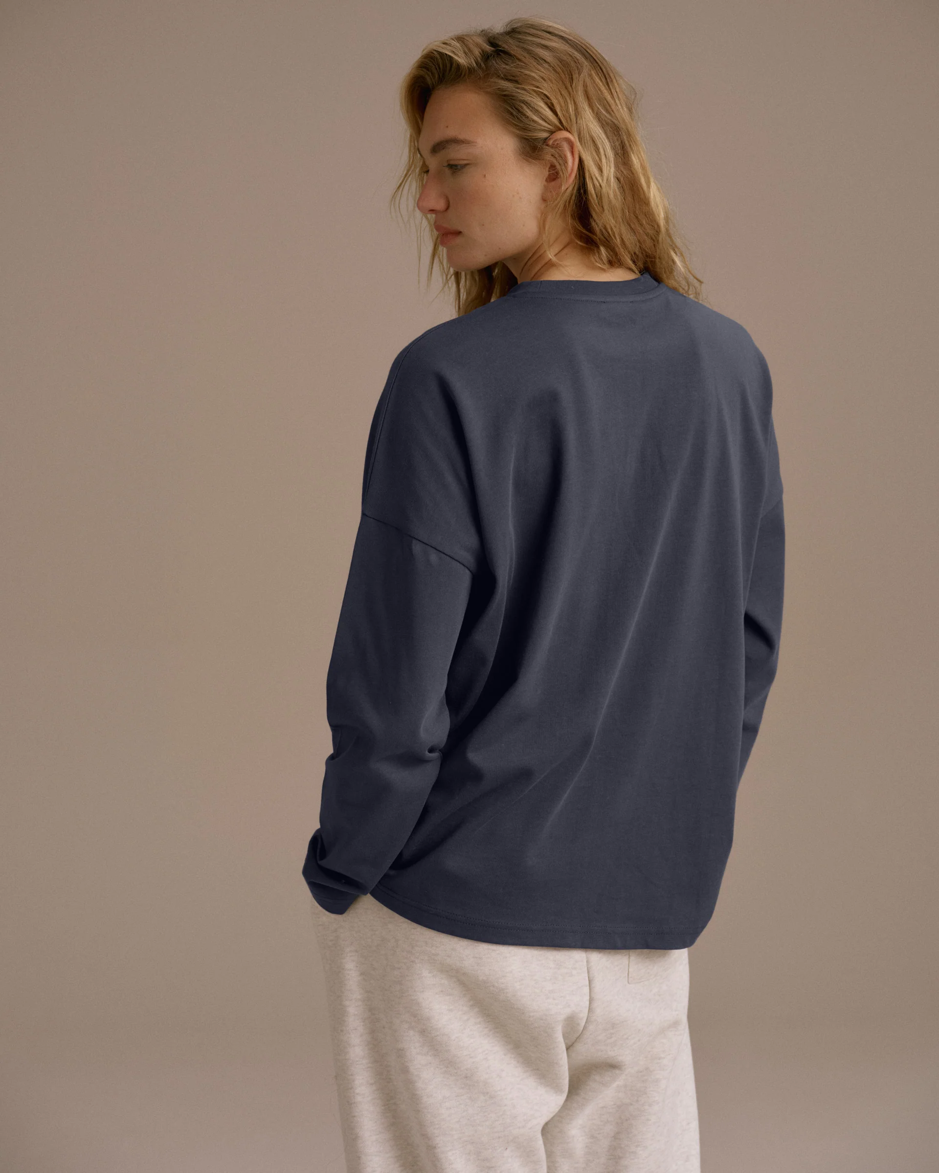 Varsity Long Sleeve Drop Shoulder T-shirt - Midnight Blue/Marshmallow White - Image 2