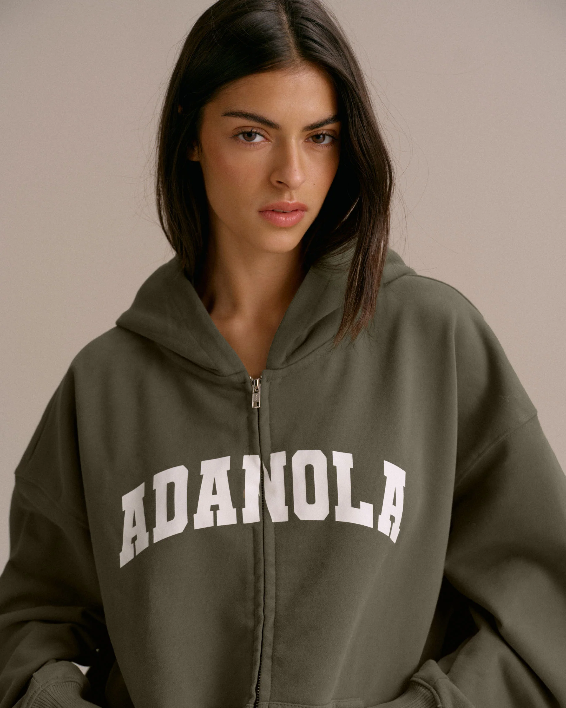 Varsity Oversized Full Zip Hoodie - Olive Green/Marshmallow White - Image 3