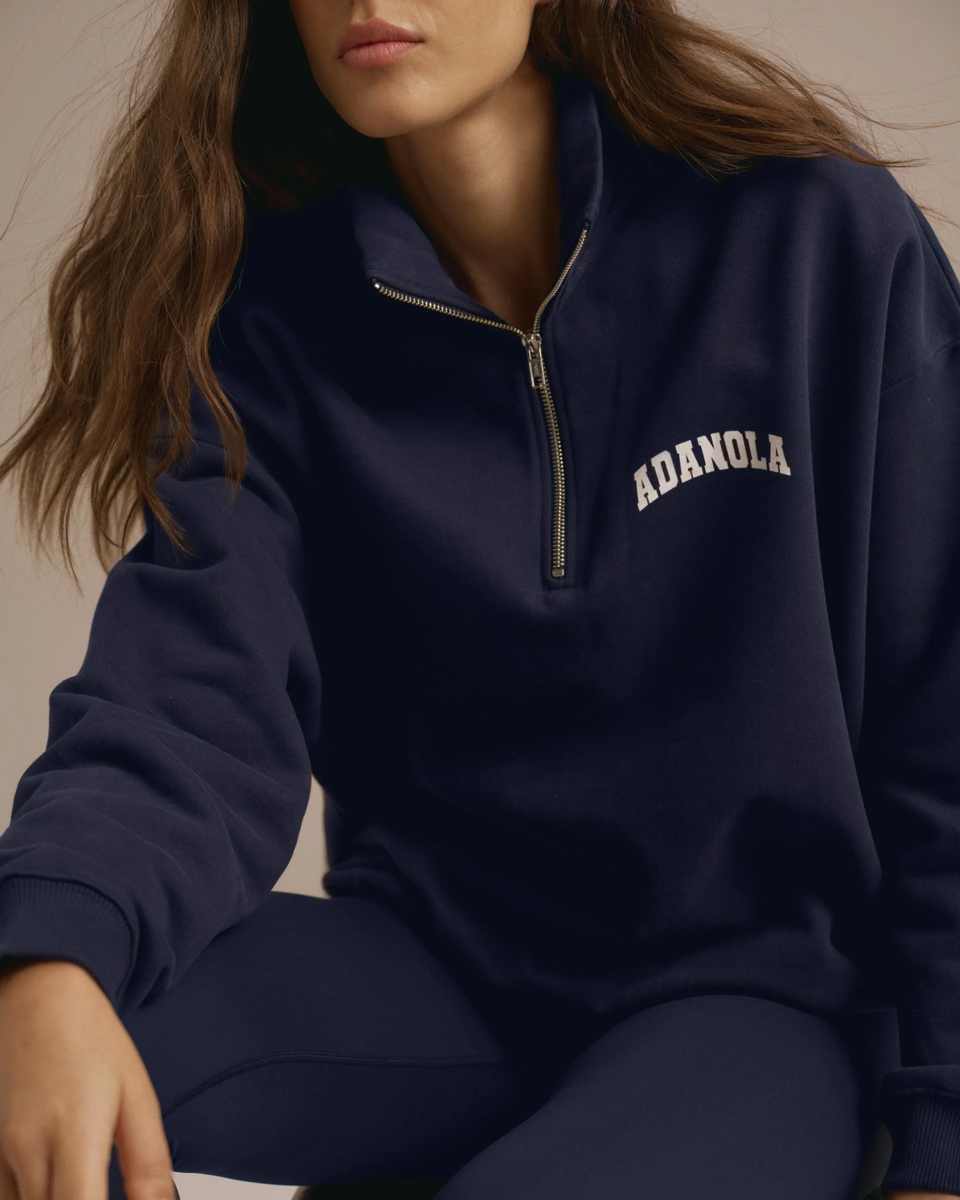 Varsity Oversized Funnel Neck Zip Sweatshirt - Navy Blue - Image 3
