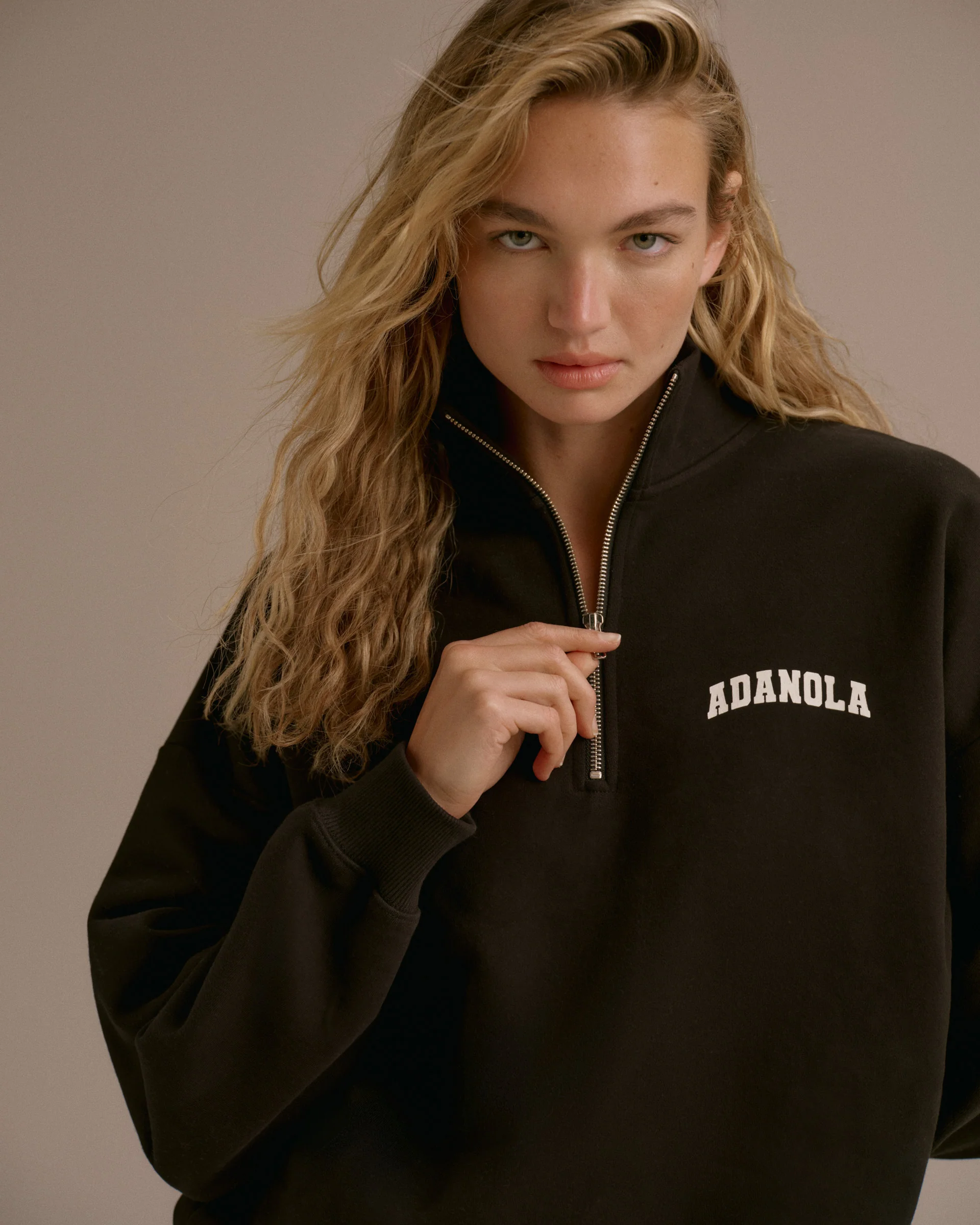 Varsity Oversized Funnel Neck Zip Sweatshirt - Black/Marshmallow White - Image 3