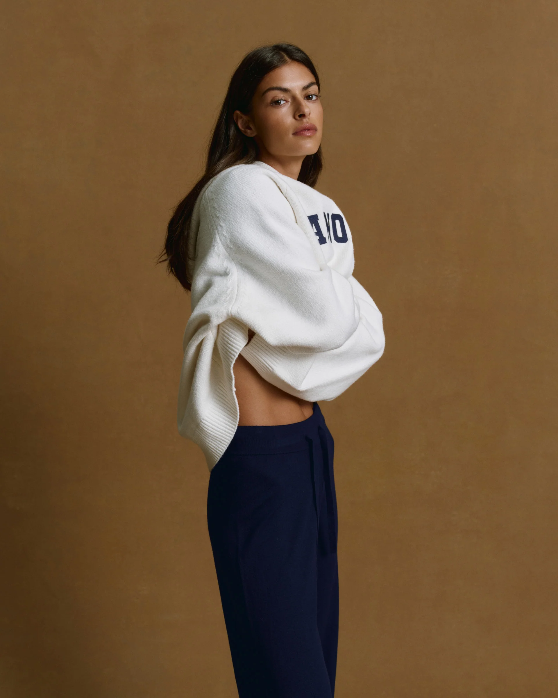 Varsity Oversized Knit Hoodie - Cream/Navy Blue - Image 3