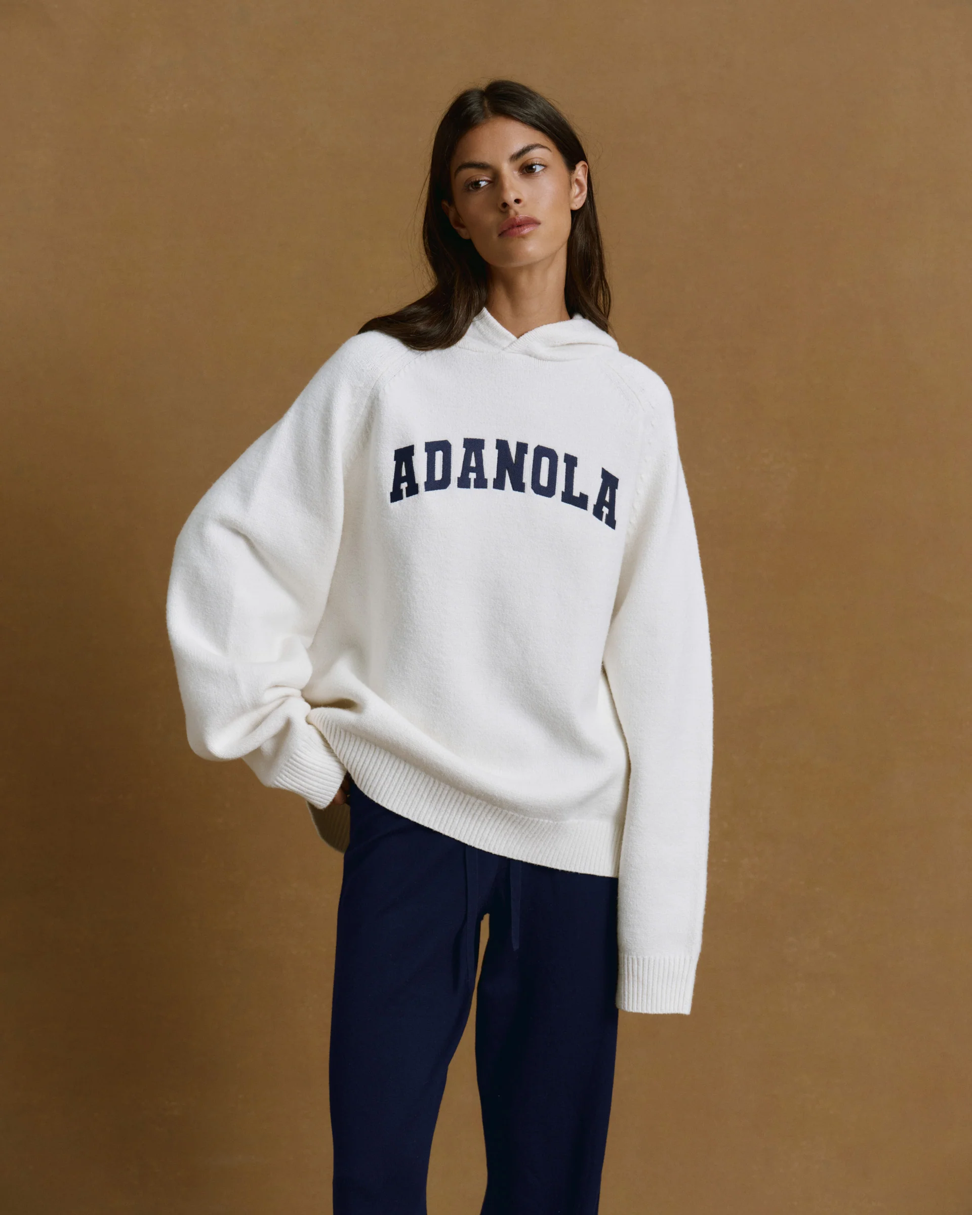 Varsity Oversized Knit Hoodie - Cream/Navy Blue - Image 4