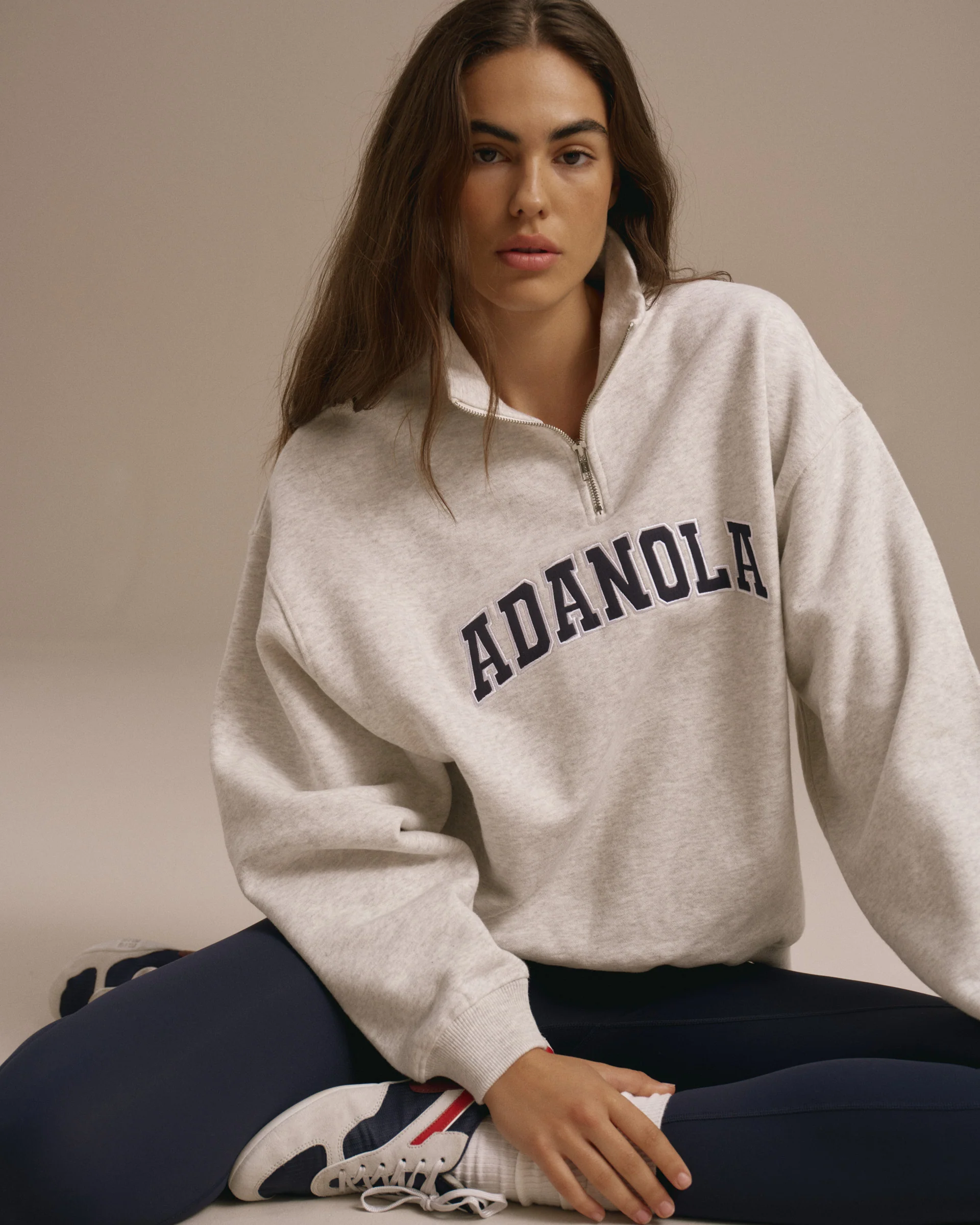 Varsity Relaxed Funnel Neck Zip Sweatshirt - Light Grey Melange/Navy Blue - Image 3