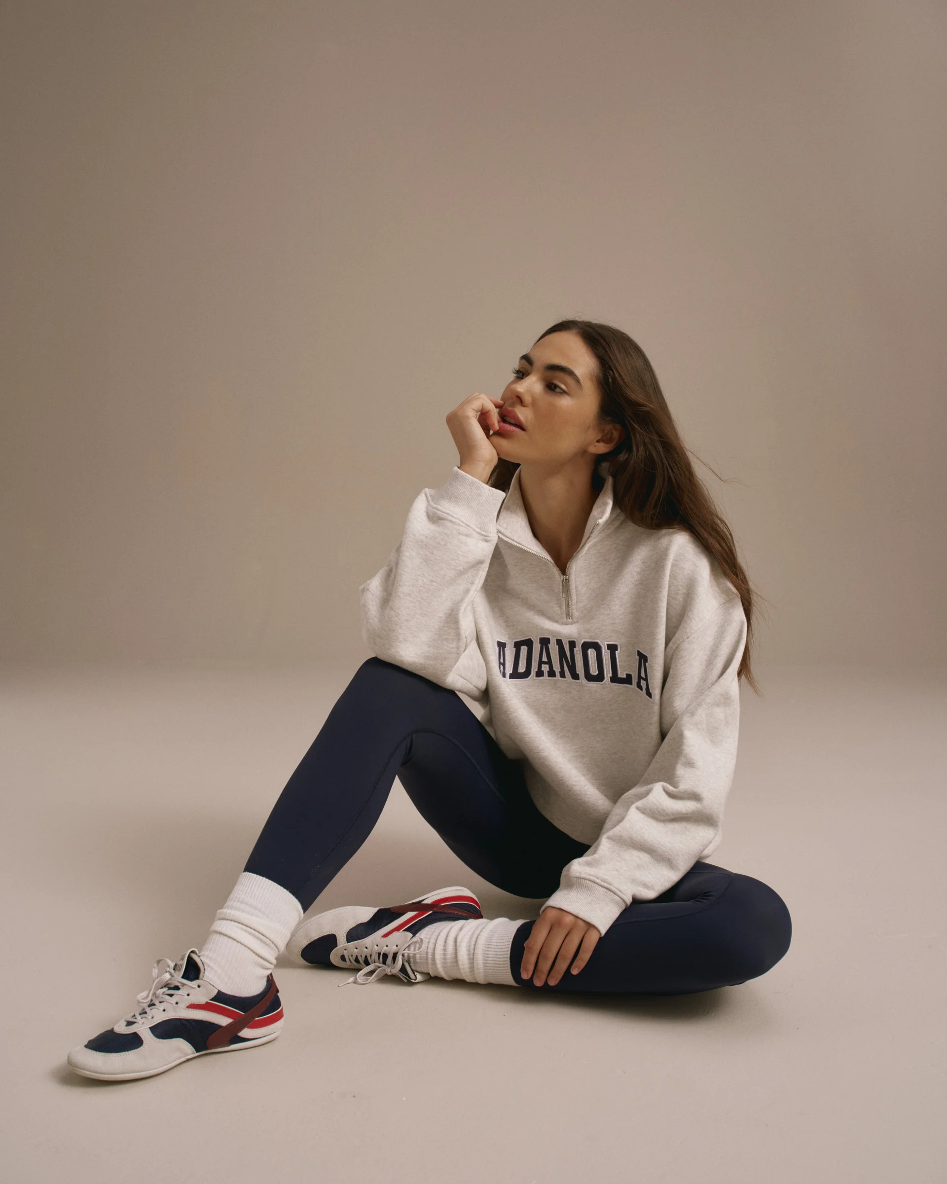 Varsity Relaxed Funnel Neck Zip Sweatshirt - Light Grey Melange/Navy Blue - Image 4