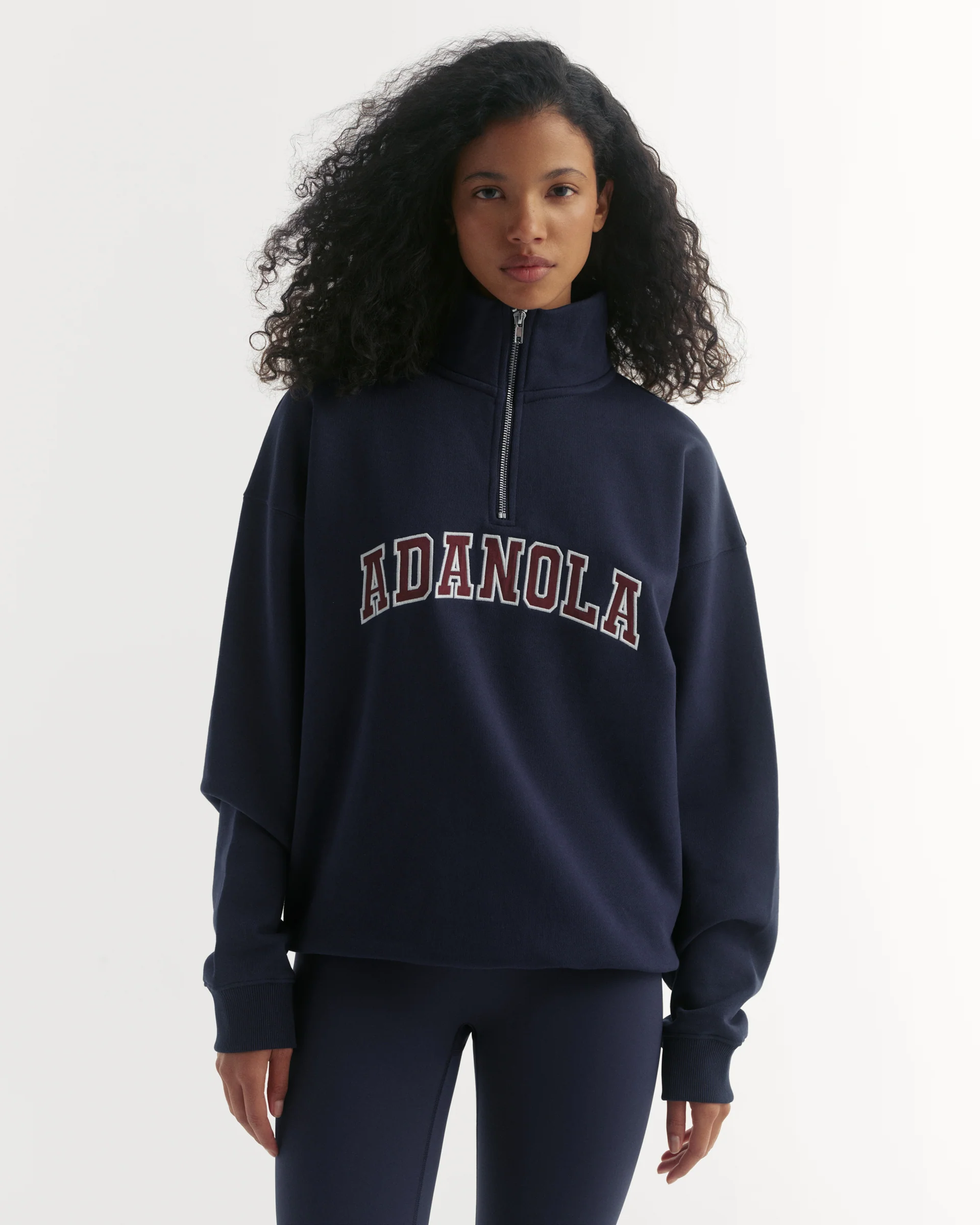 Varsity Relaxed Funnel Neck Zip Sweatshirt - Navy Blue/Mulberry Red - Image 4
